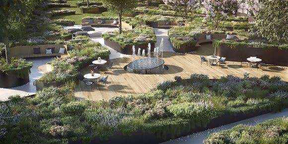 A water feature draws on the Chinese philosophy of the five essential elements. Image: Supplied ASPECT Studios' Erwin Taal discusses Sky Garden's landscape design