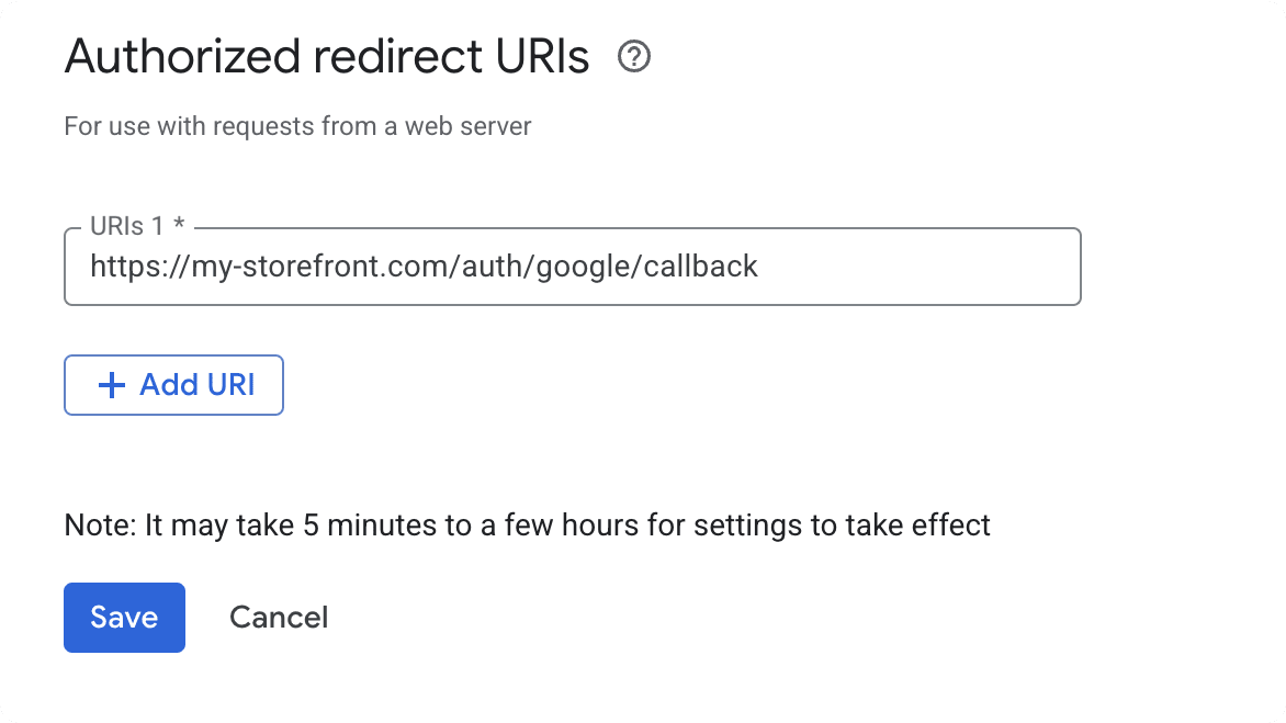 Google OAuth credentials settings showing the Redirect URI field