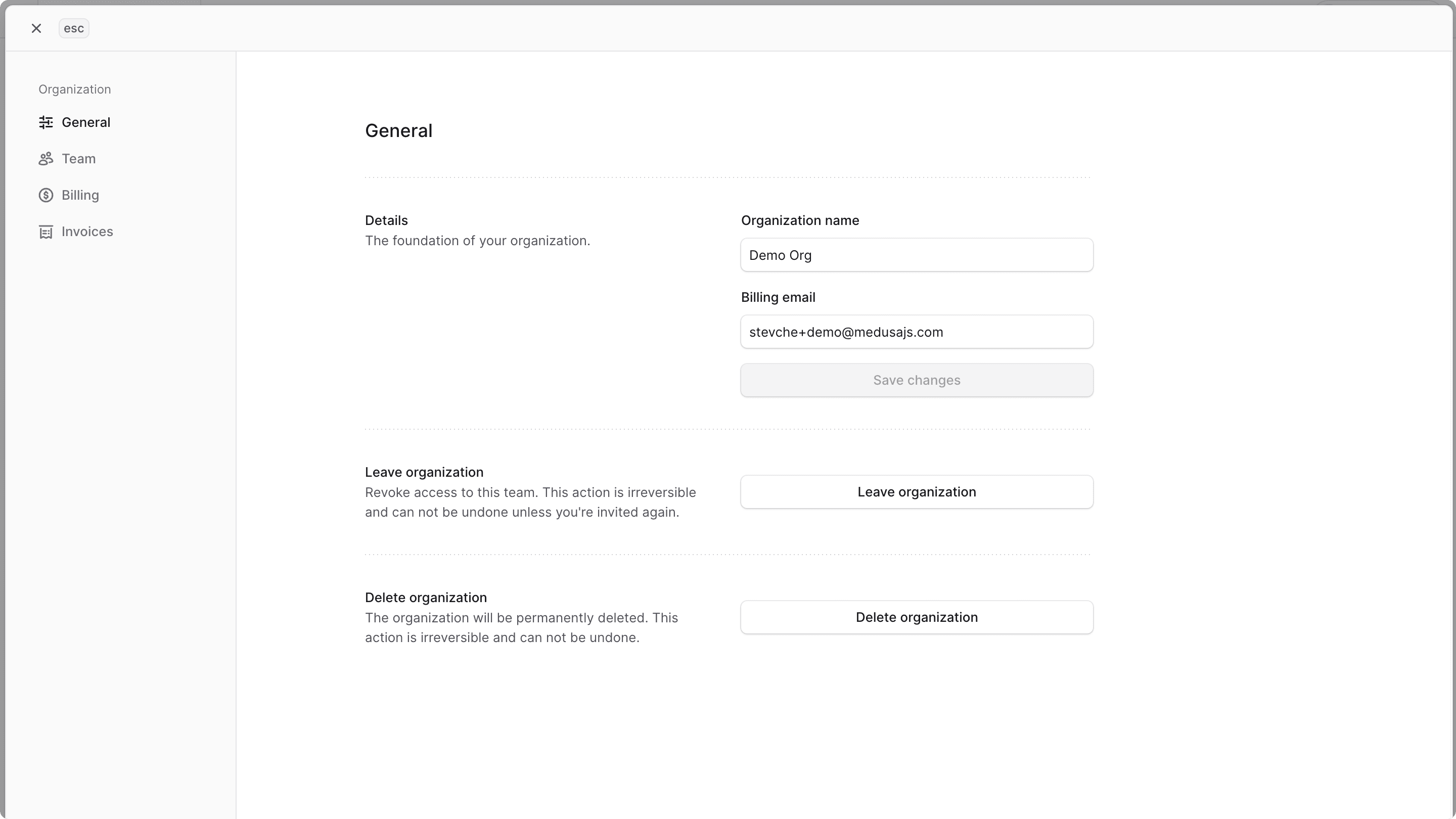 Window showing the organization settings