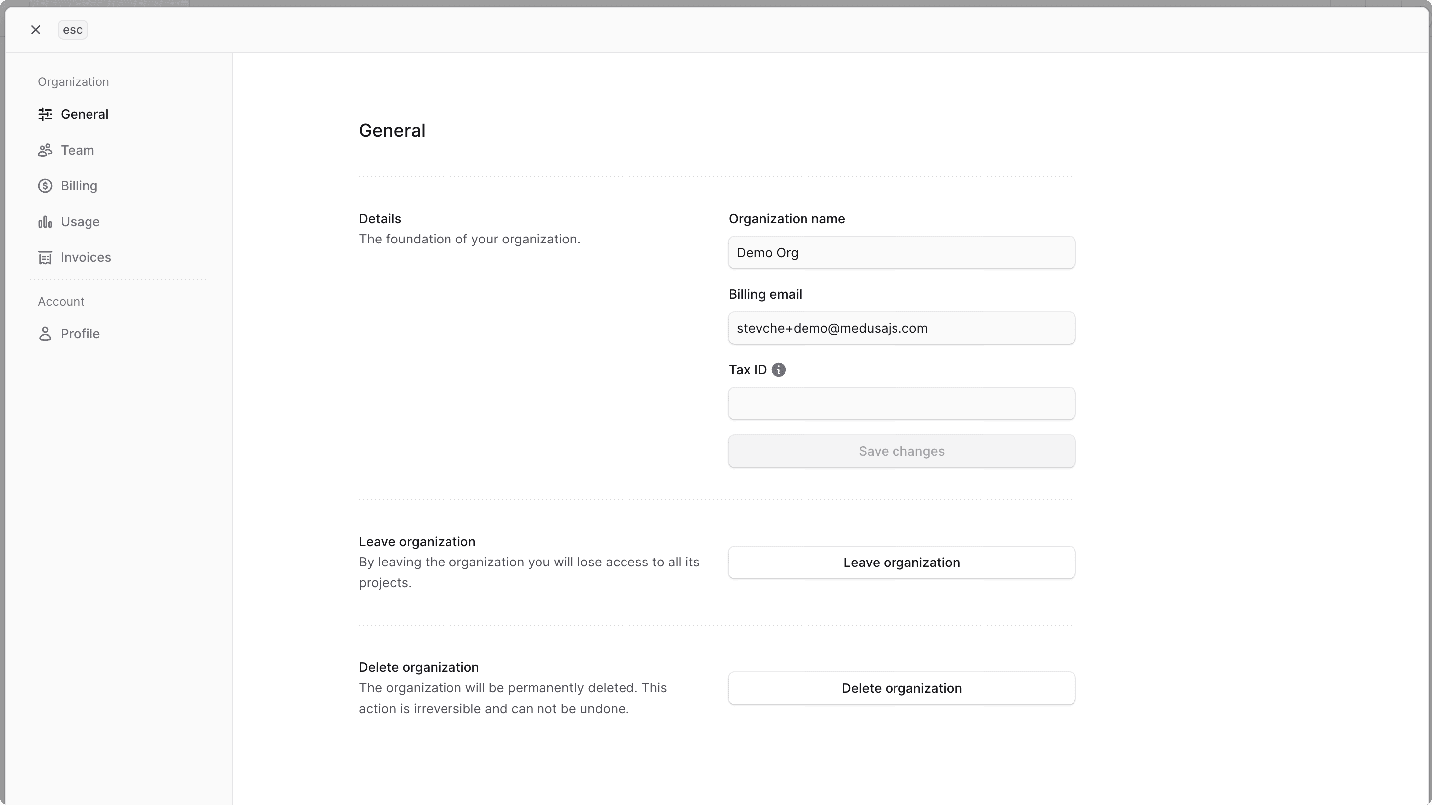 Window showing the organization settings