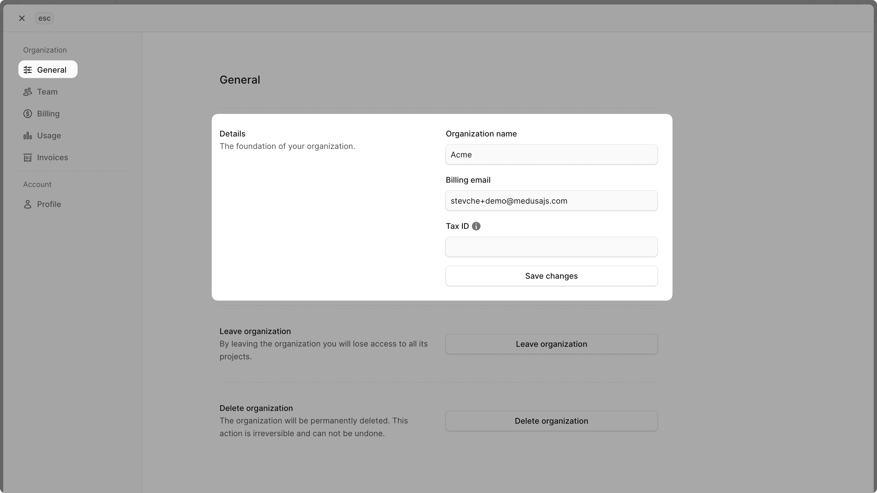 Window showing the organization settings with the General tab selected and the Details section highlighted