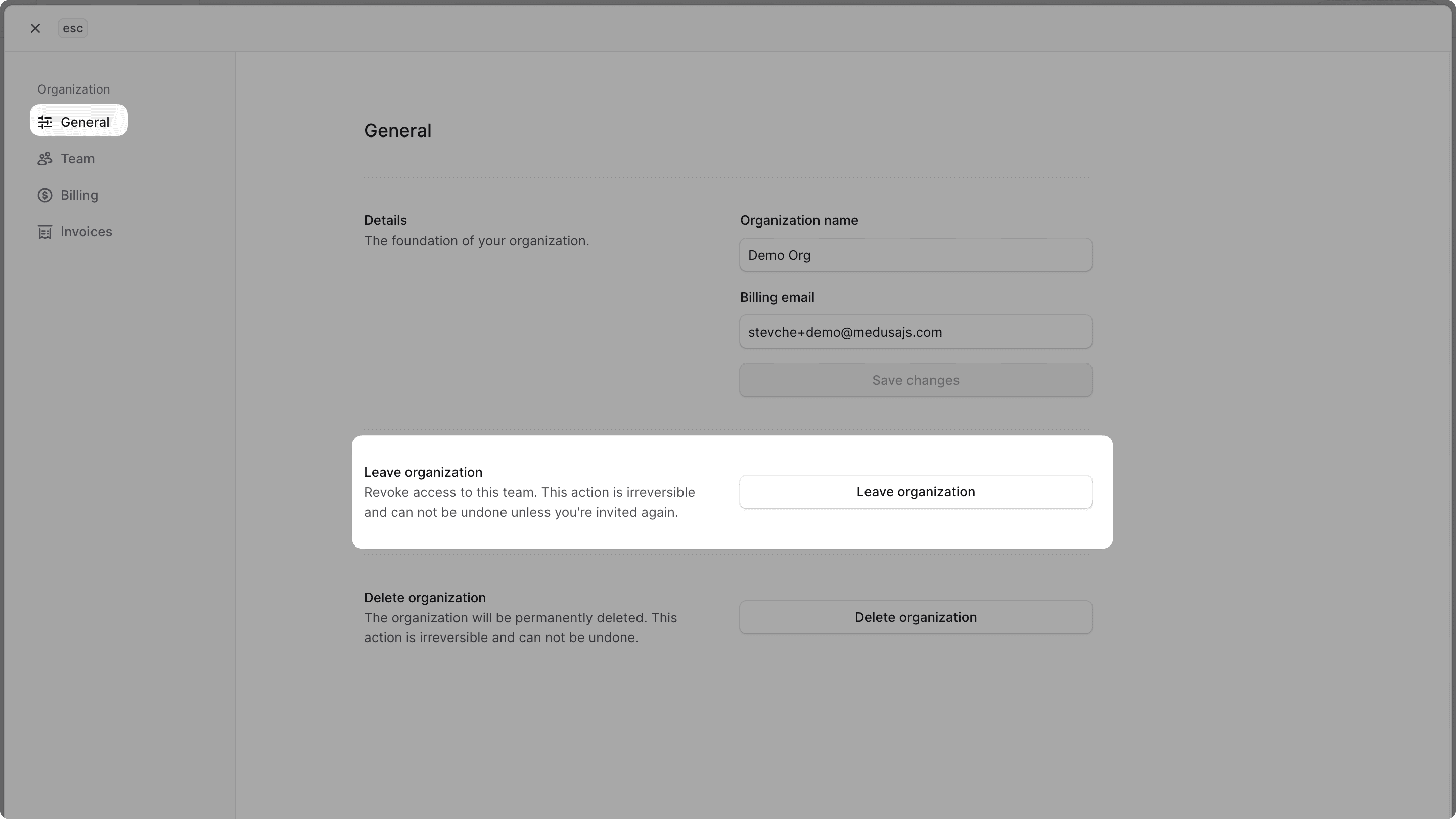 Window showing the organization settings with the General tab selected and the Leave organization section highlighted