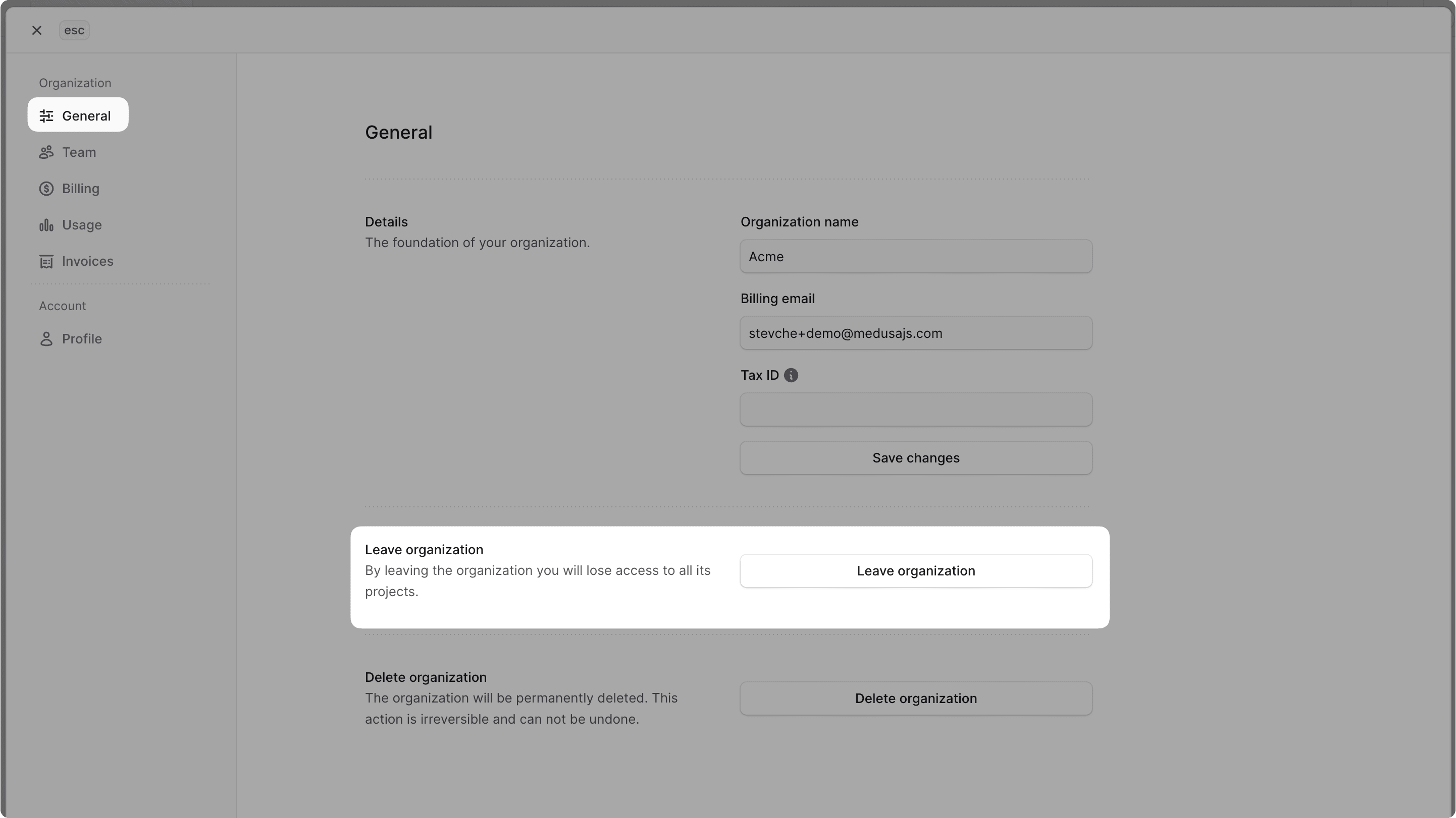 Window showing the organization settings with the General tab selected and the Leave organization section highlighted