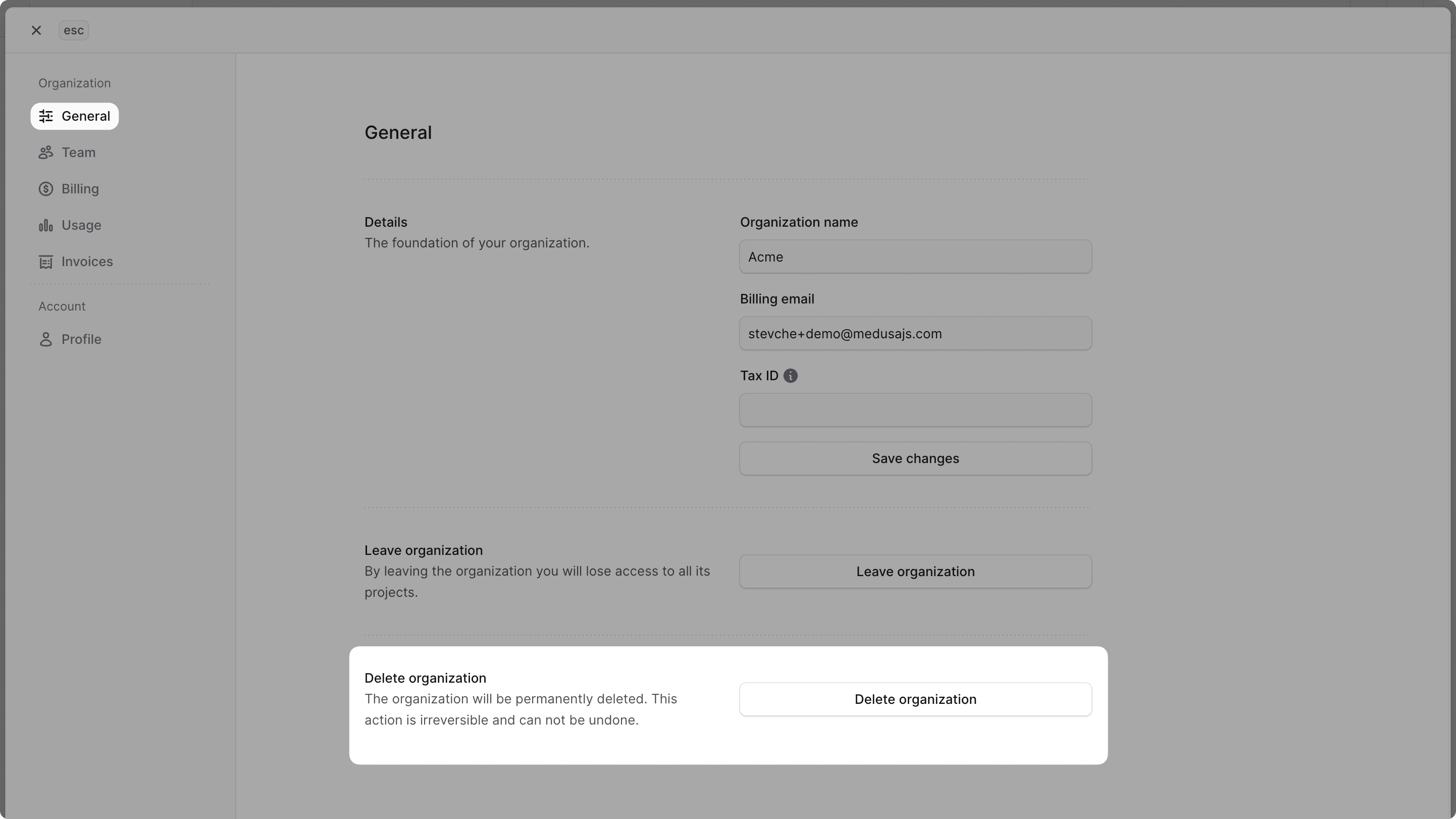 Window showing the organization settings with the General tab selected and the Delete organization section highlighted