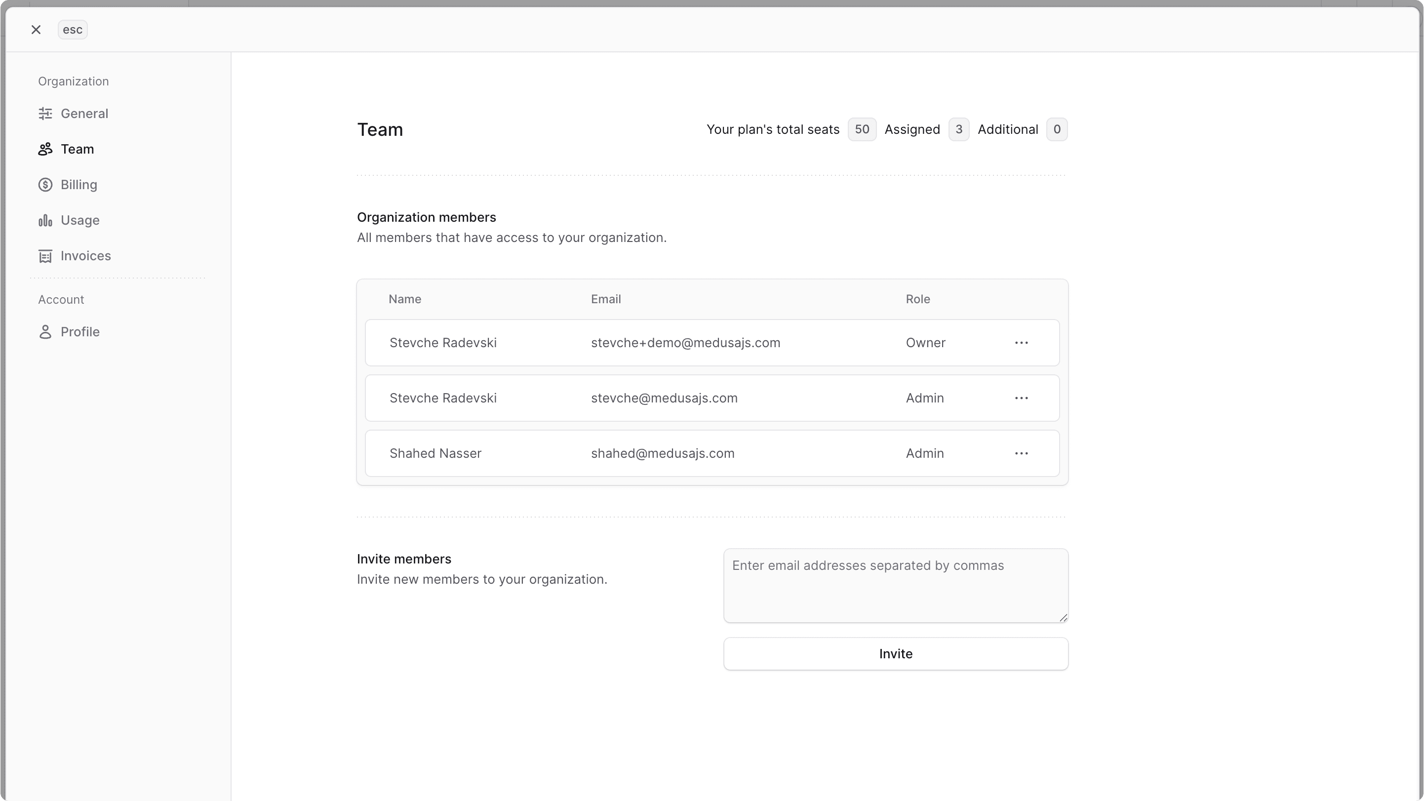 Window showing the organization members in the Team tab