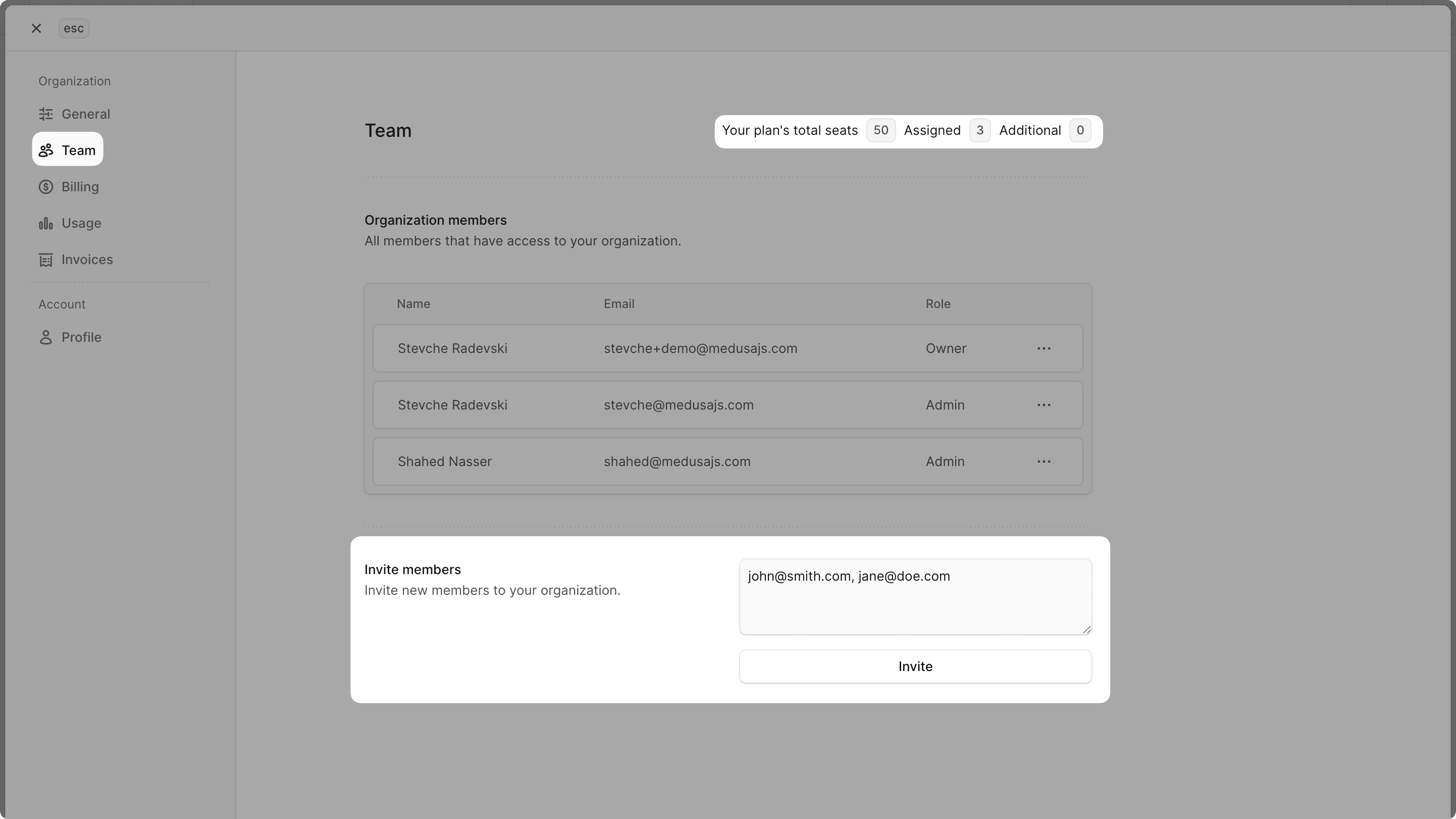 Window showing the organization members in the Team tab with the Invite members section highlighted