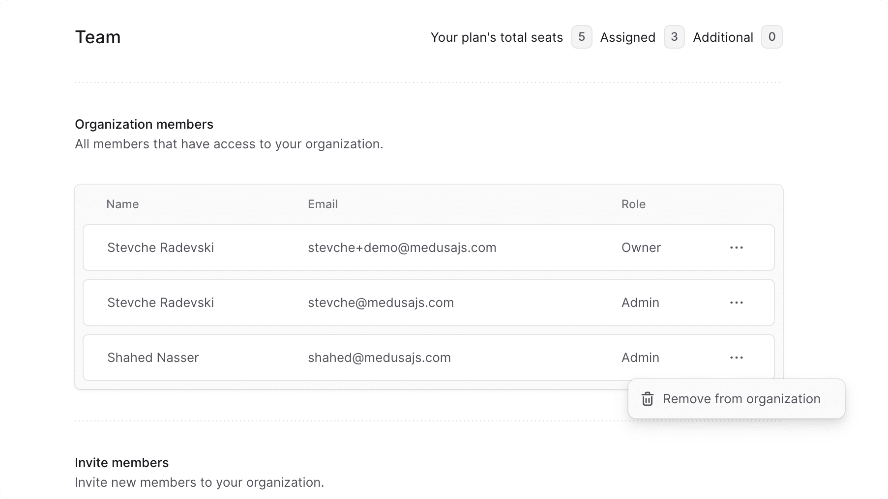 Window showing the organization members in the Team tab with the dropdown of a member opened
