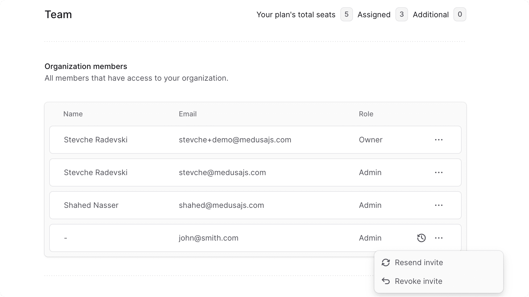 Window showing the organization members in the Team tab with the dropdown of an invited member opened