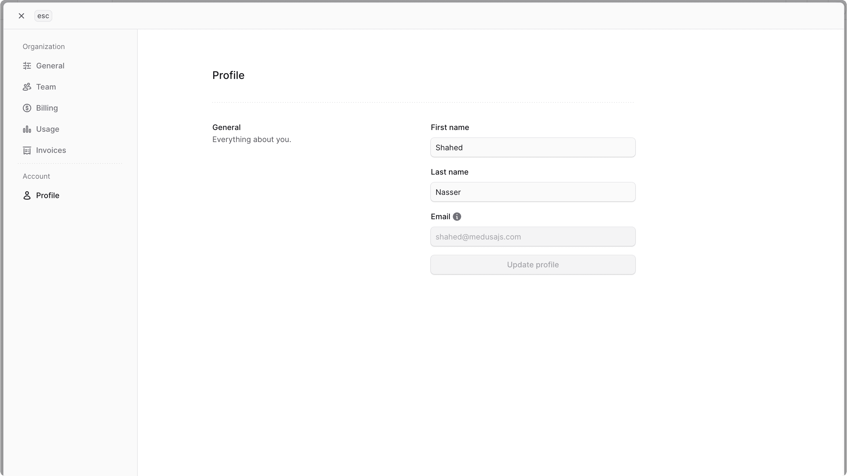 Window showing the profile settings with the Profile tab selected