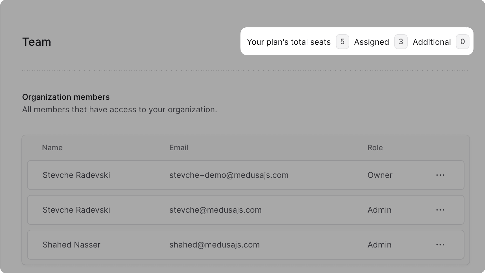 Window showing the organization members in the Team tab with the available seats highlighted