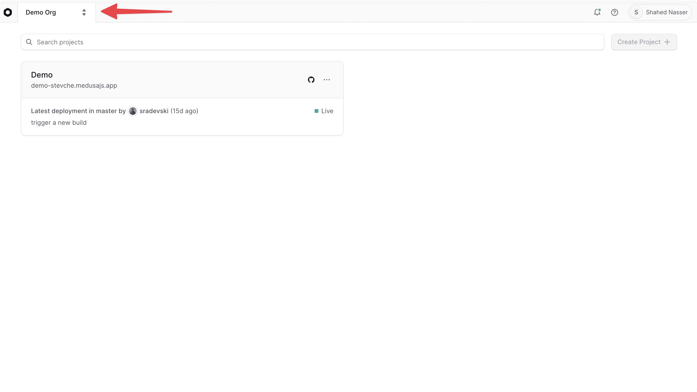 Cloud dashboard interface showing the current organization name prominently displayed in the top-left corner of the navigation header, indicating which organization's projects and resources are currently being managed in the dashboard view