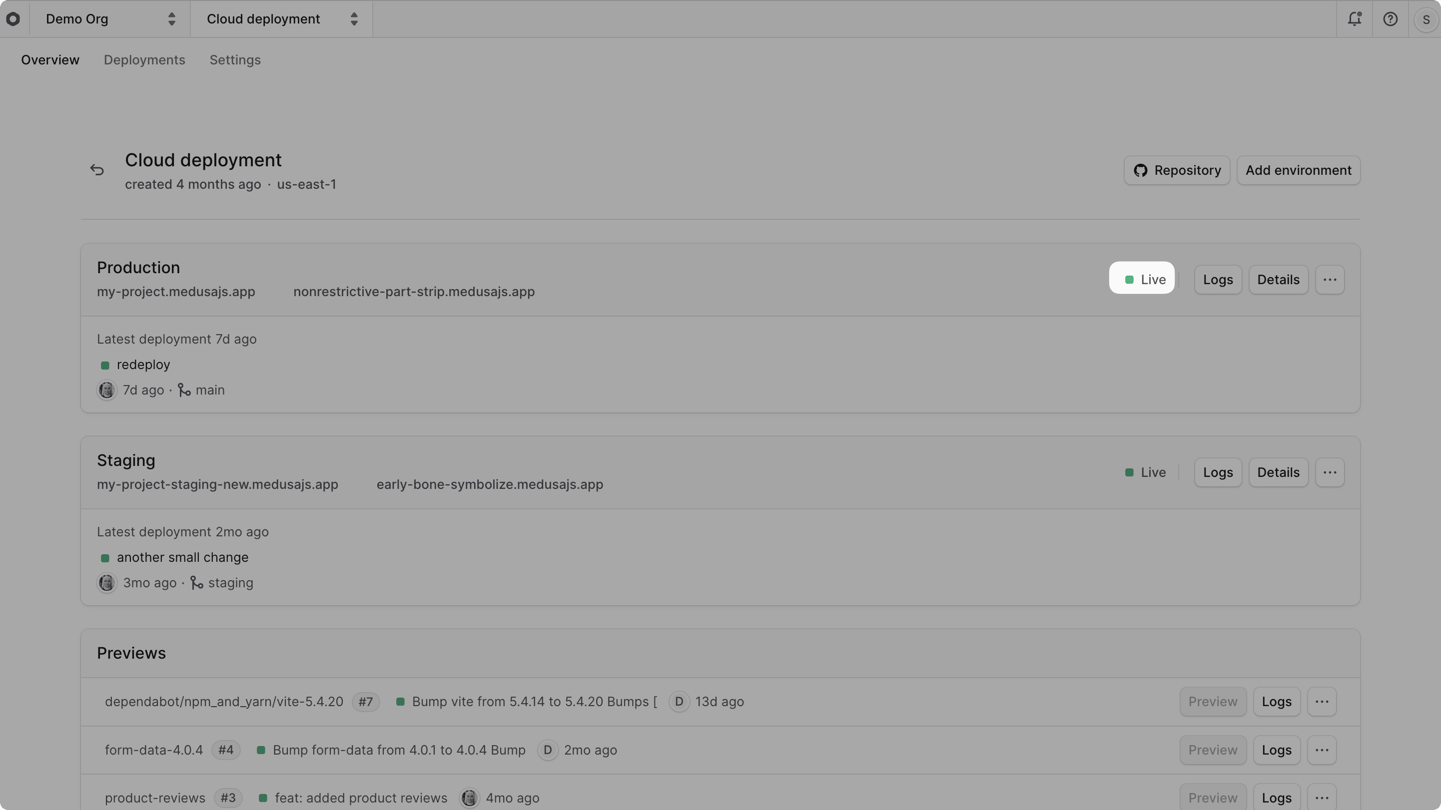 The project status in the list of projects
