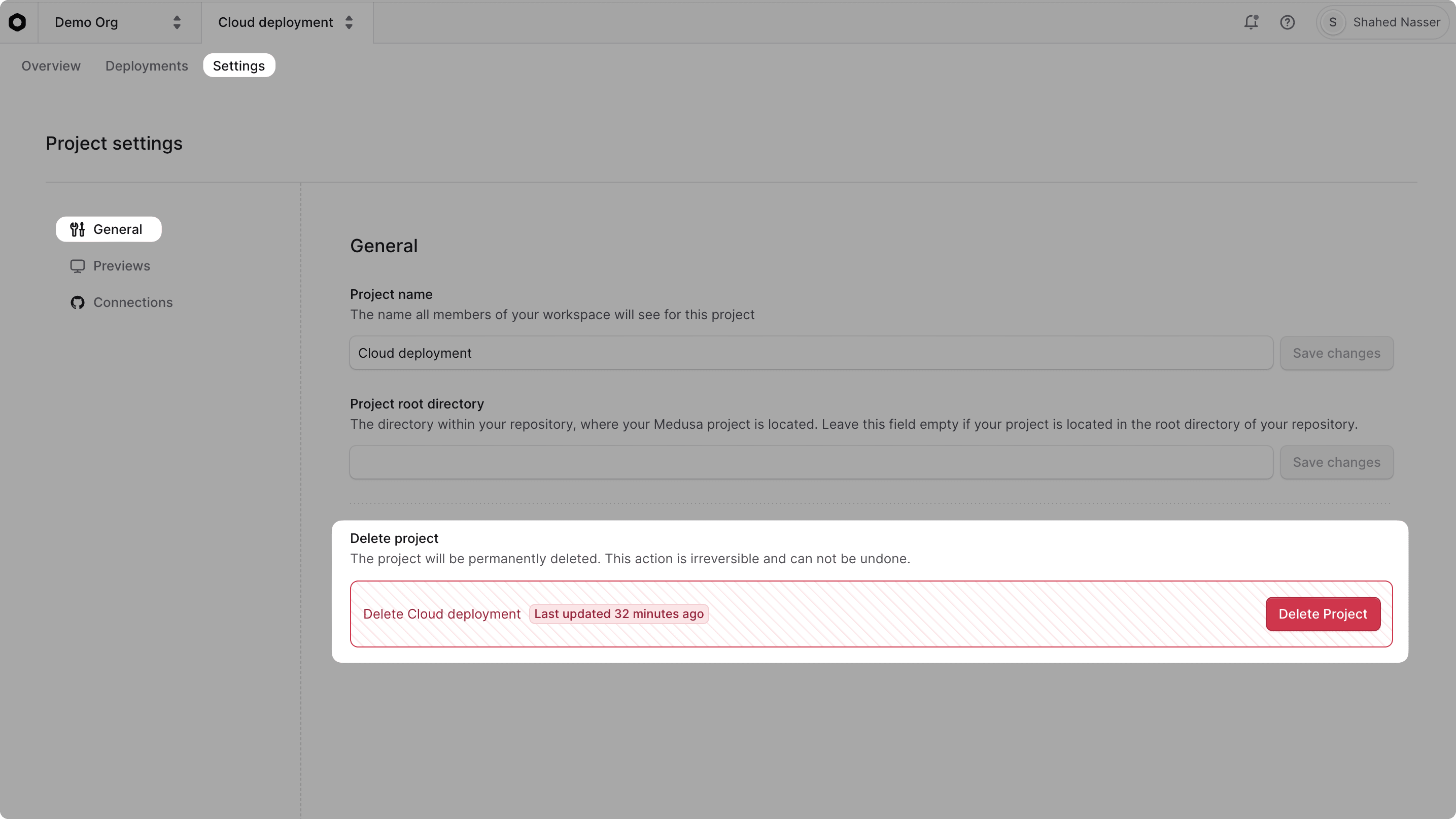 The project settings with the General tab selected and the Delete project section highlighted