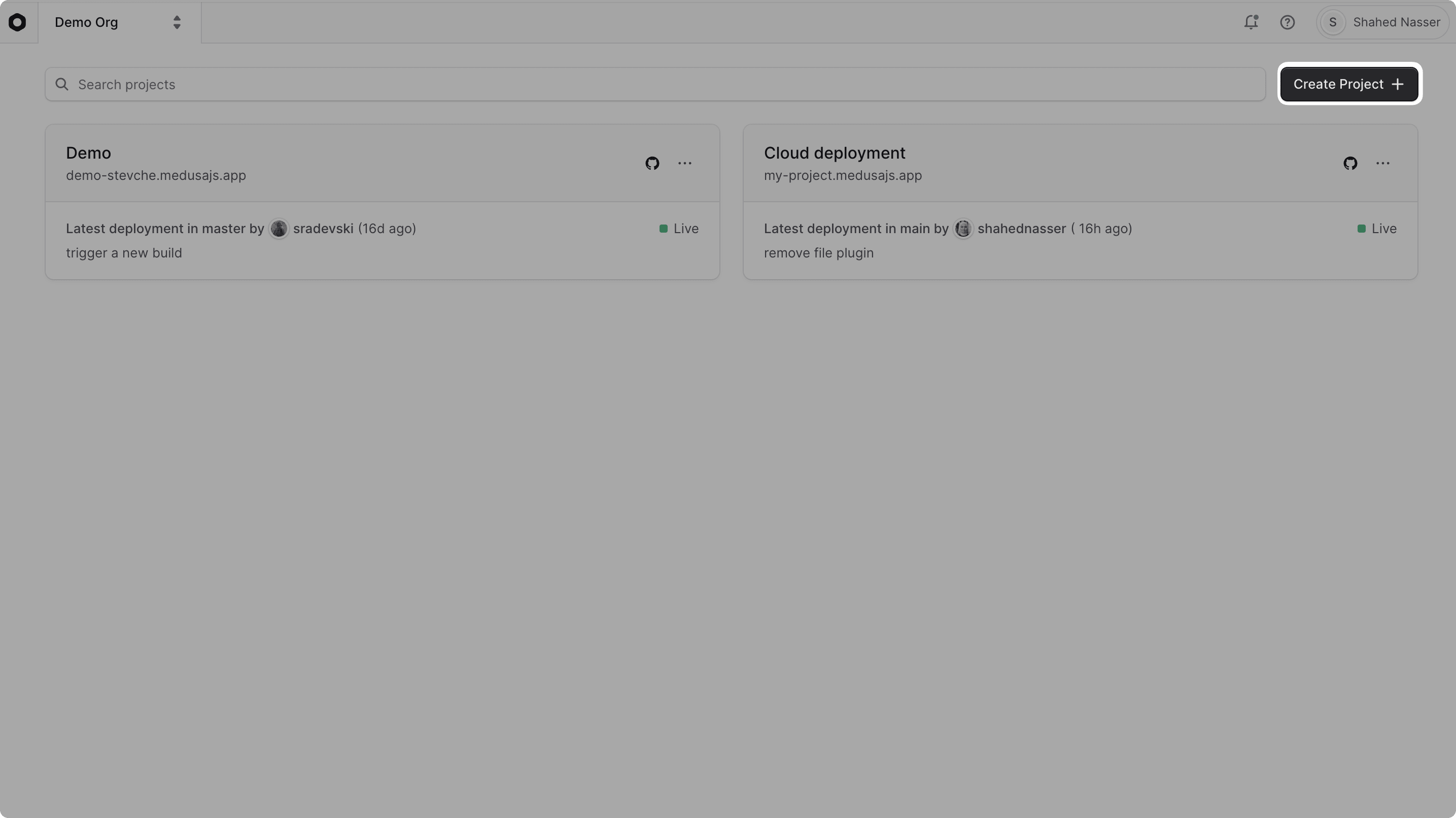 The create project button in the organization dashboard