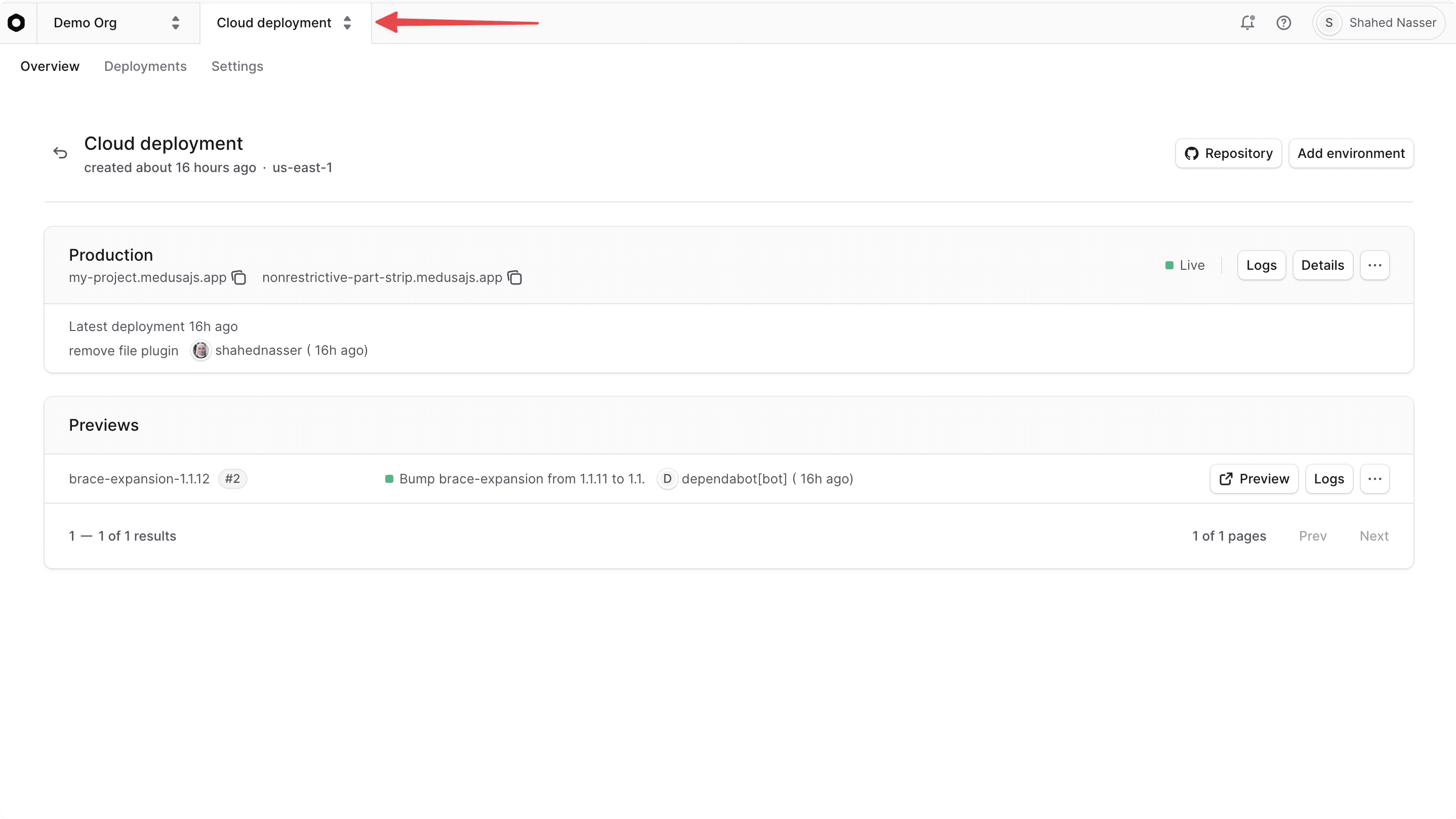 The project name at the top left of the Cloud dashboard