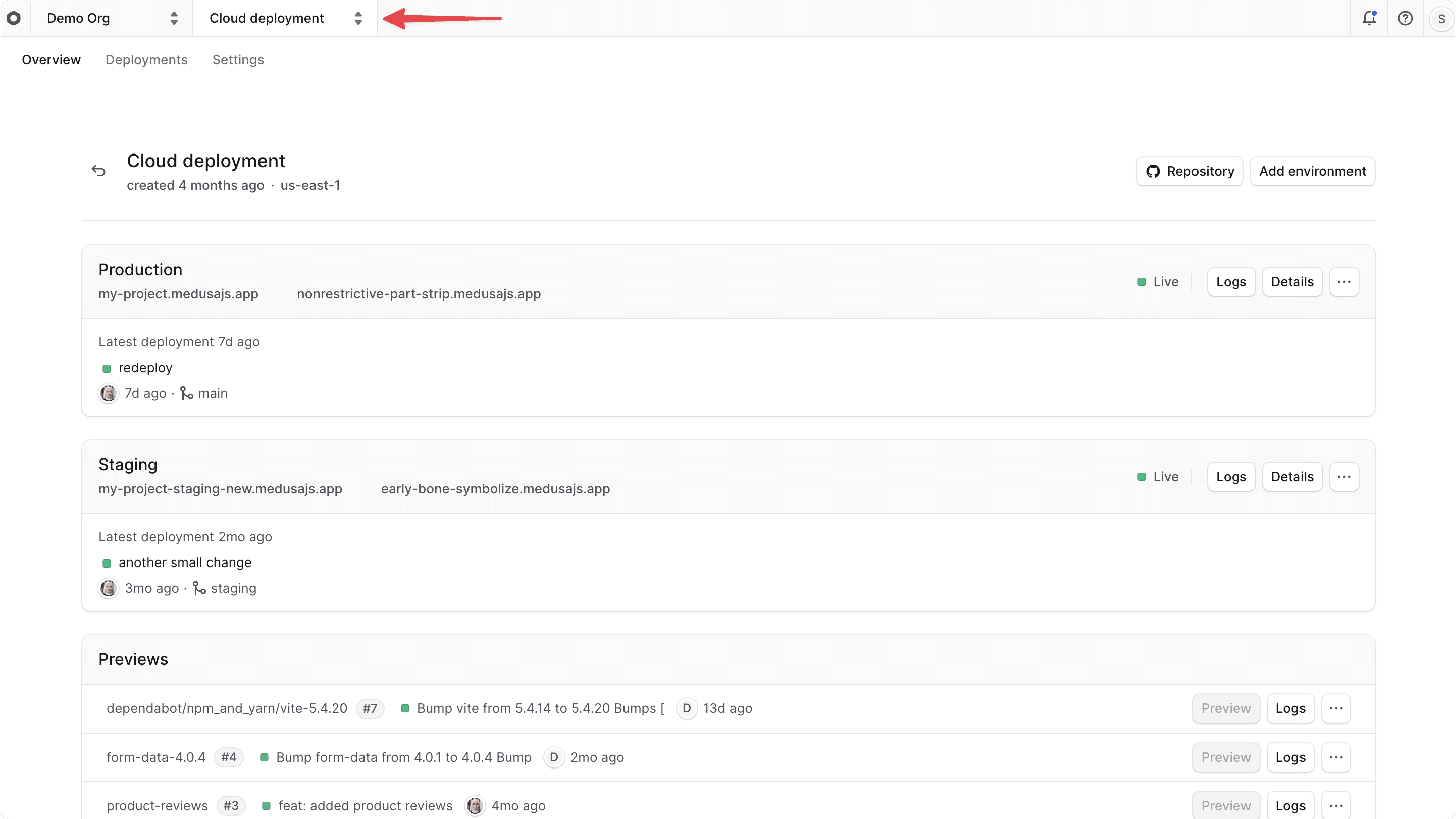 The project name at the top left of the Cloud dashboard