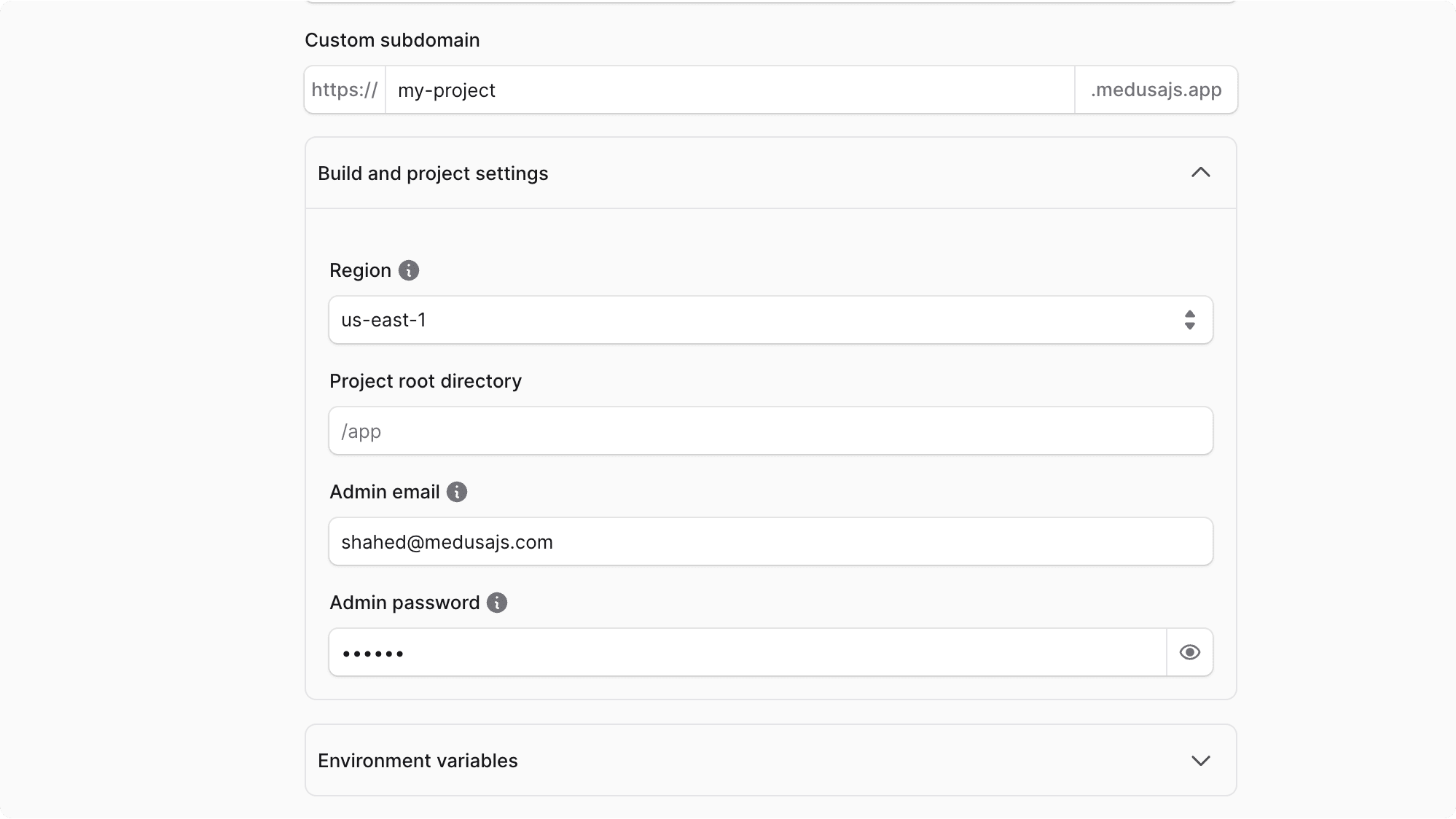 The build and project settings step in the project creation flow with the settings filled in