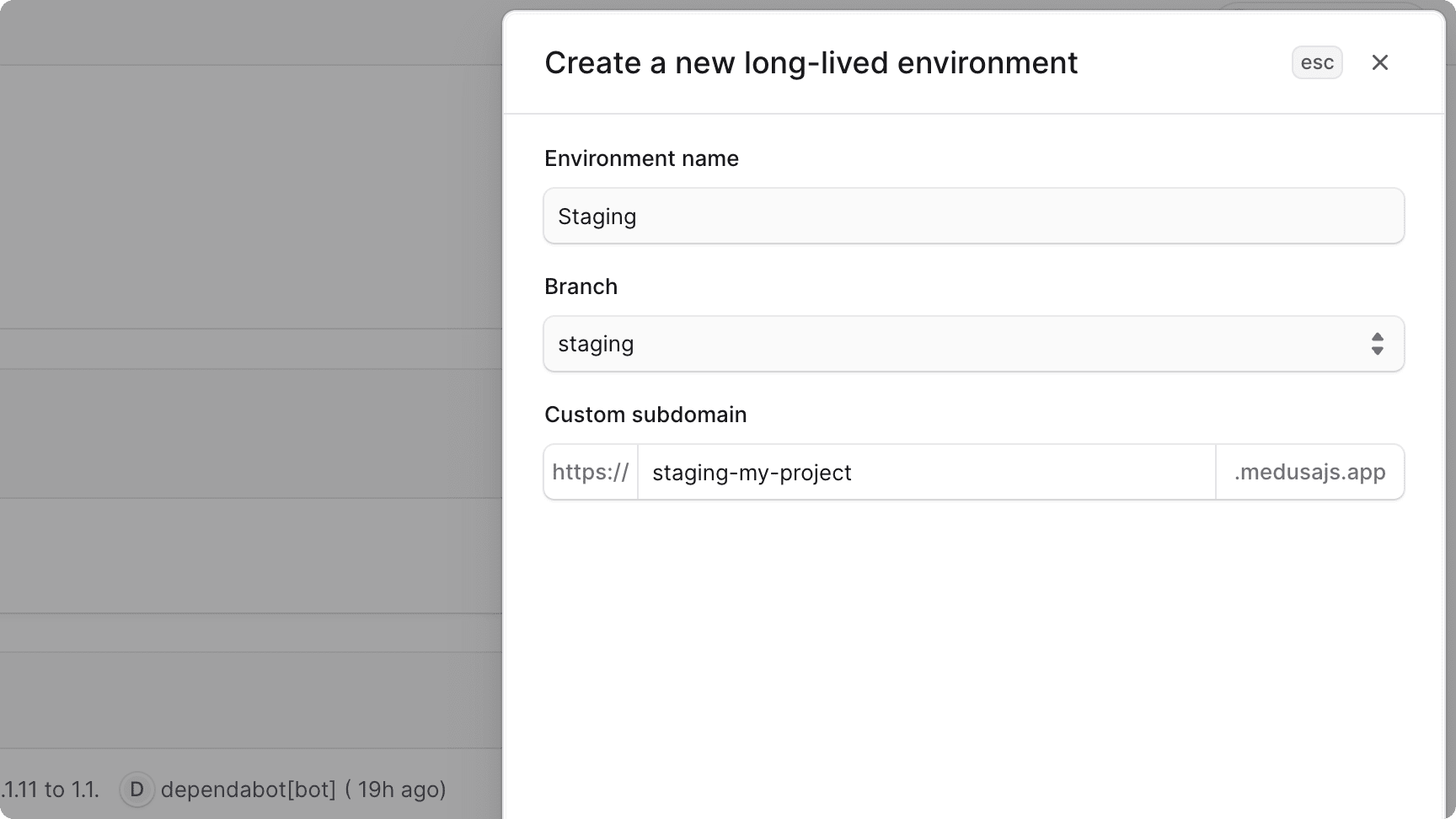 Side window with the form to create an environment