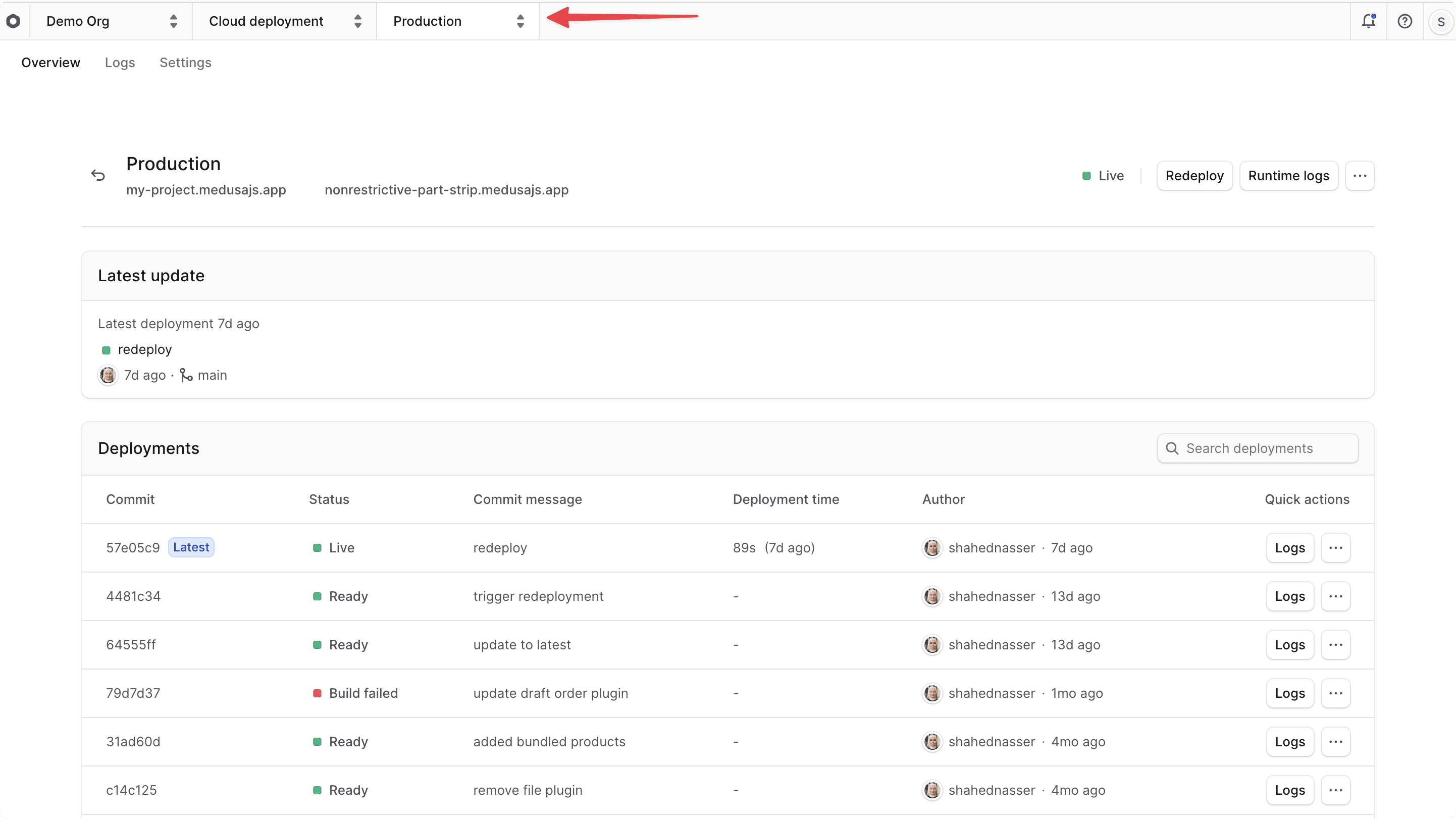 Environment dashboard with the name at the top left