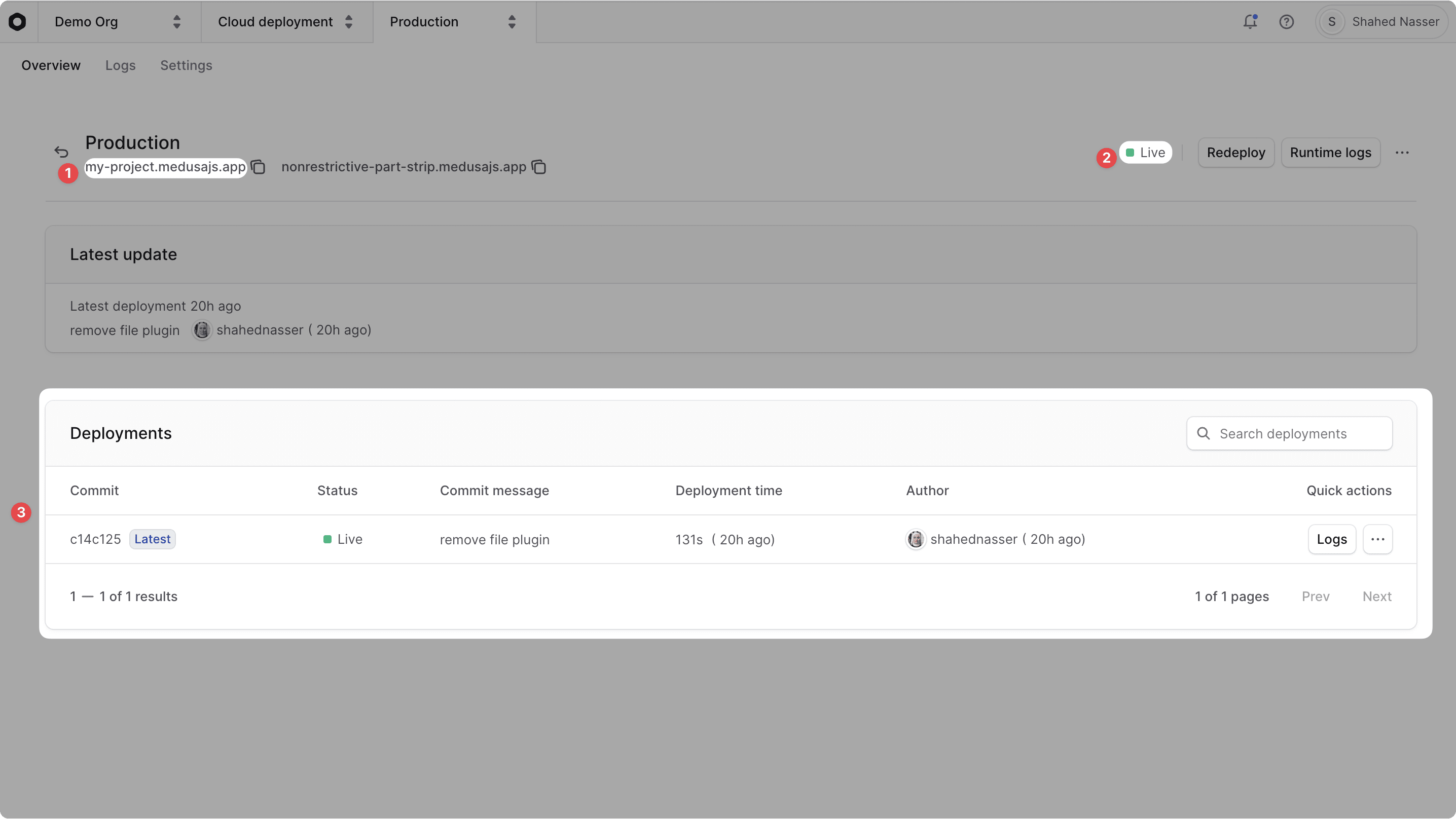 Environment dashboard with sections highlighted