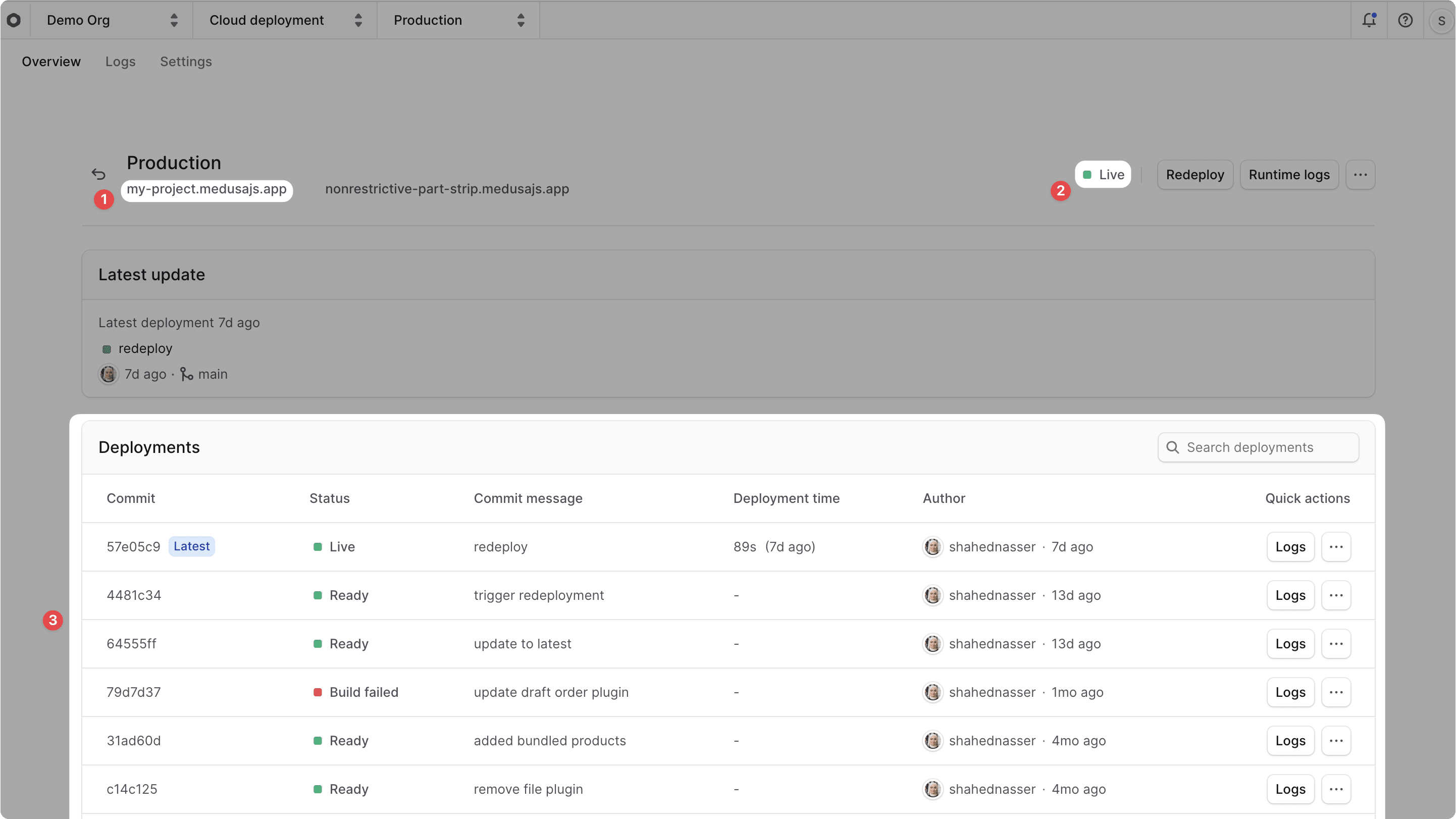 Environment dashboard with sections highlighted