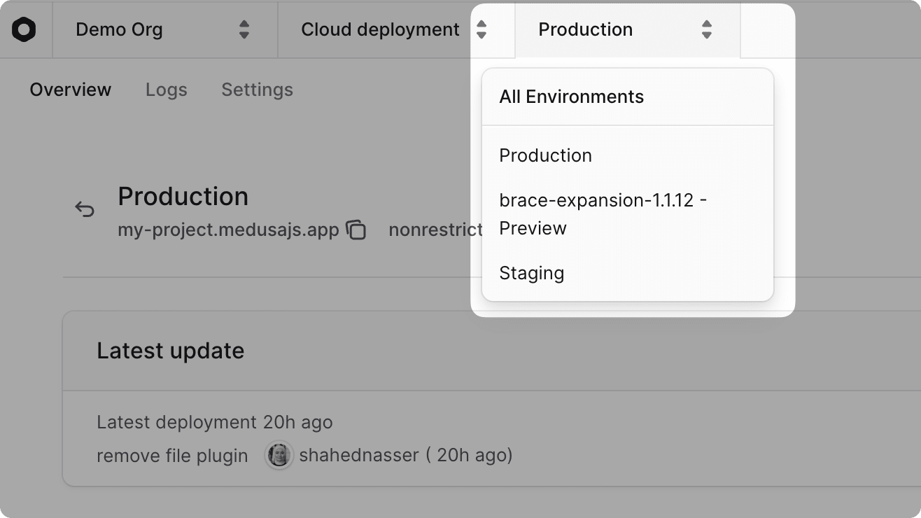 Environment switcher dropdown at the top of the dashboard