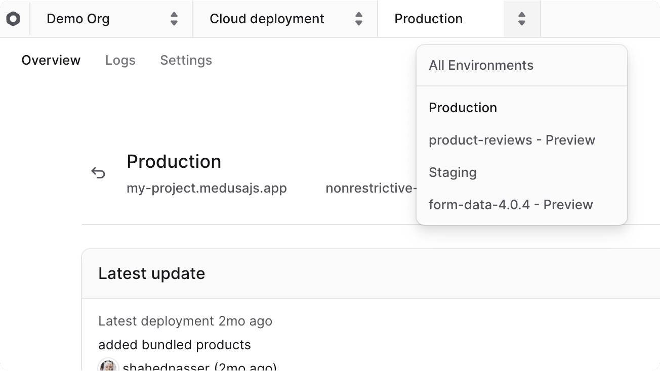 Environment switcher dropdown at the top of the dashboard