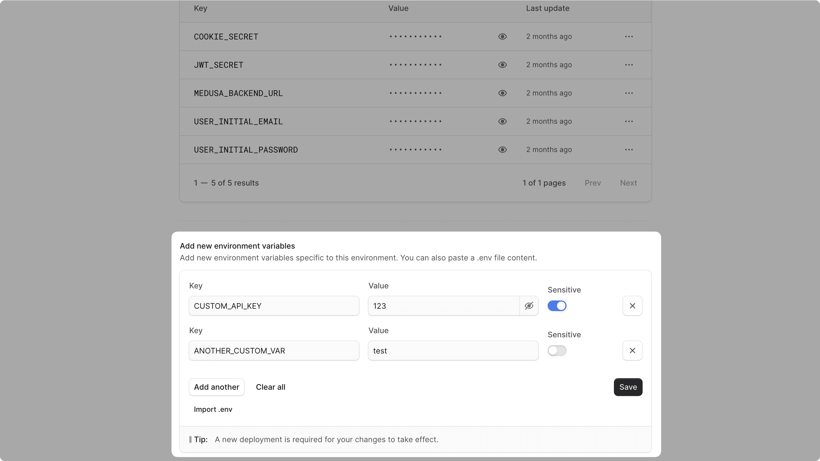 Environment variables section in the environment's settings tab