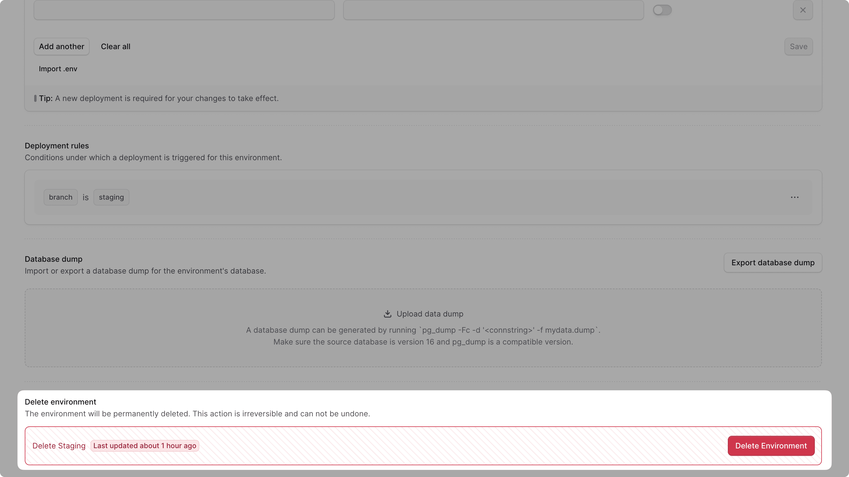 Delete environment button in the environment's settings tab