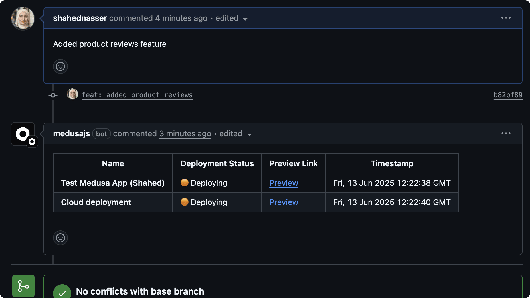 Preview environment deployment comment in GitHub PR