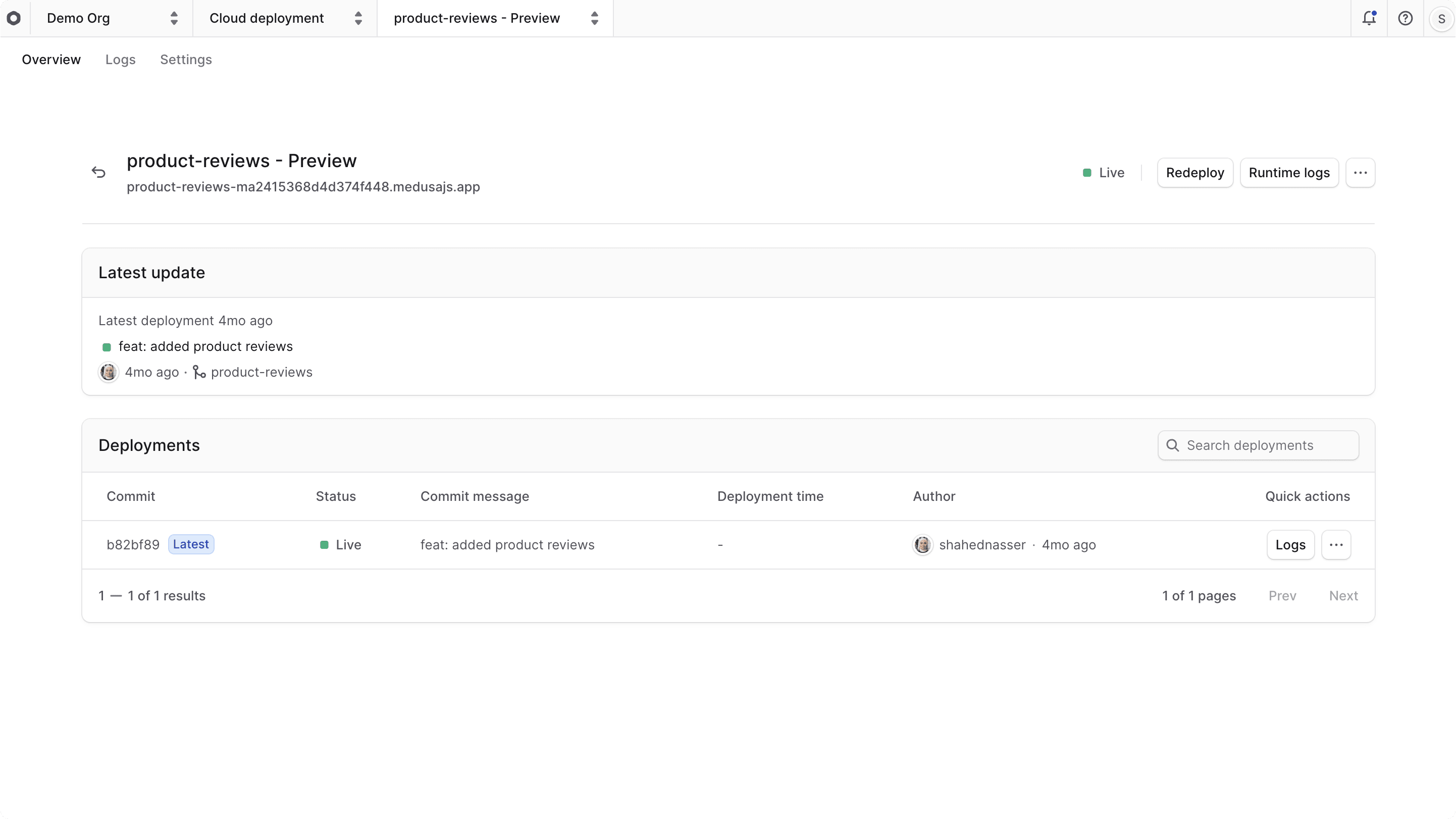 Preview environment dashboard