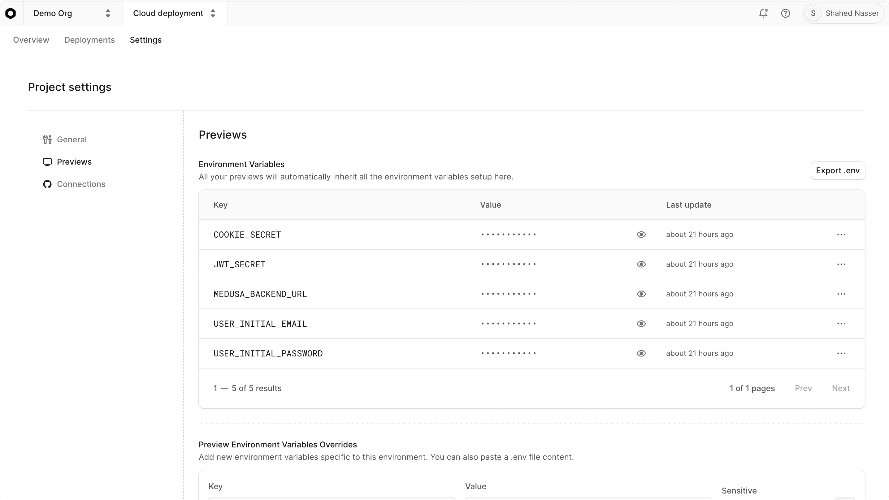 Previews settings in the project's settings tab