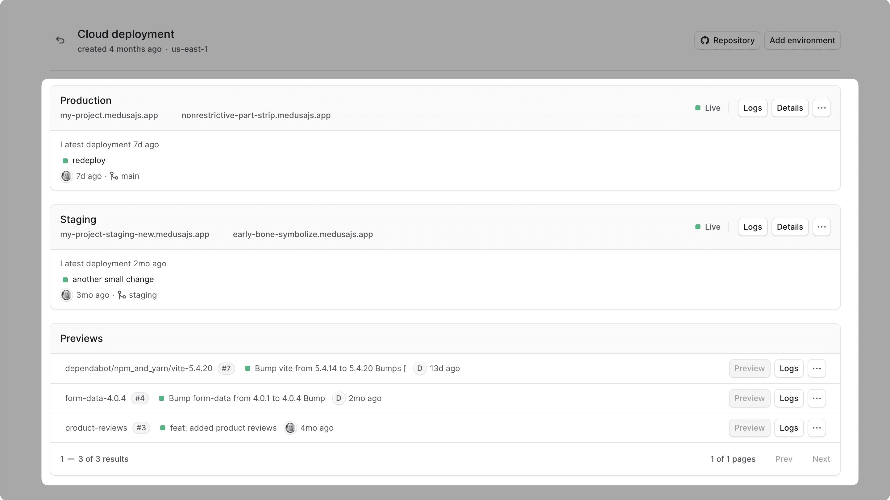 Project dashboard showing the environment cards