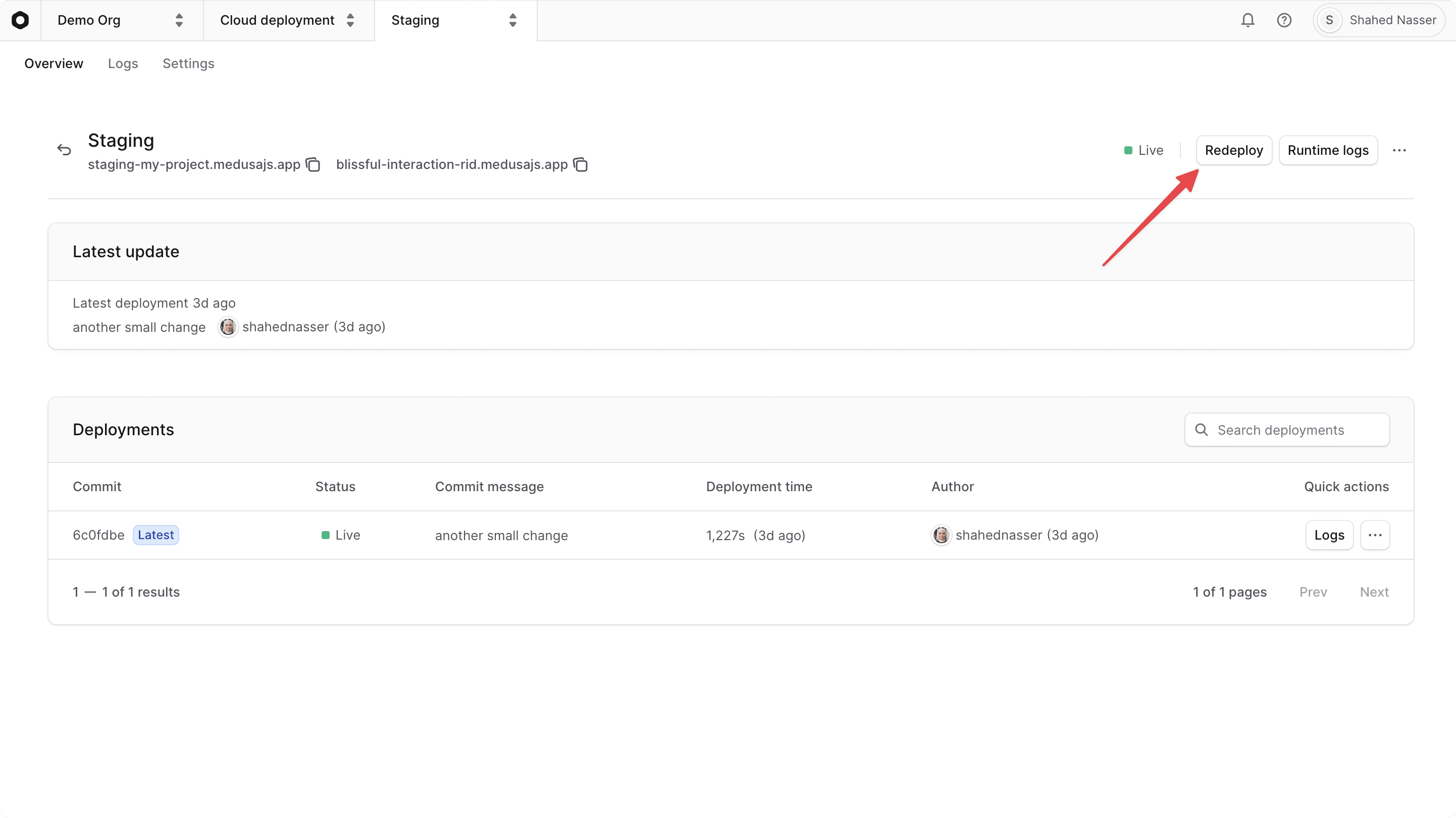 Redeploy button at the top right of the environment's dashboard