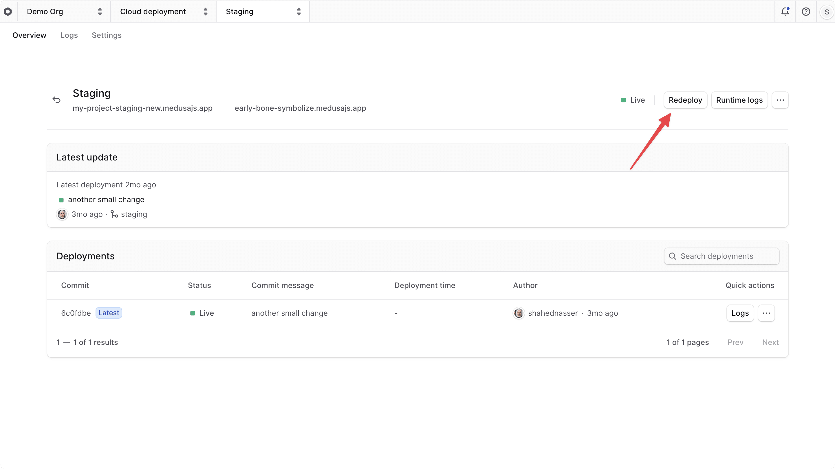 Redeploy button at the top right of the environment's dashboard