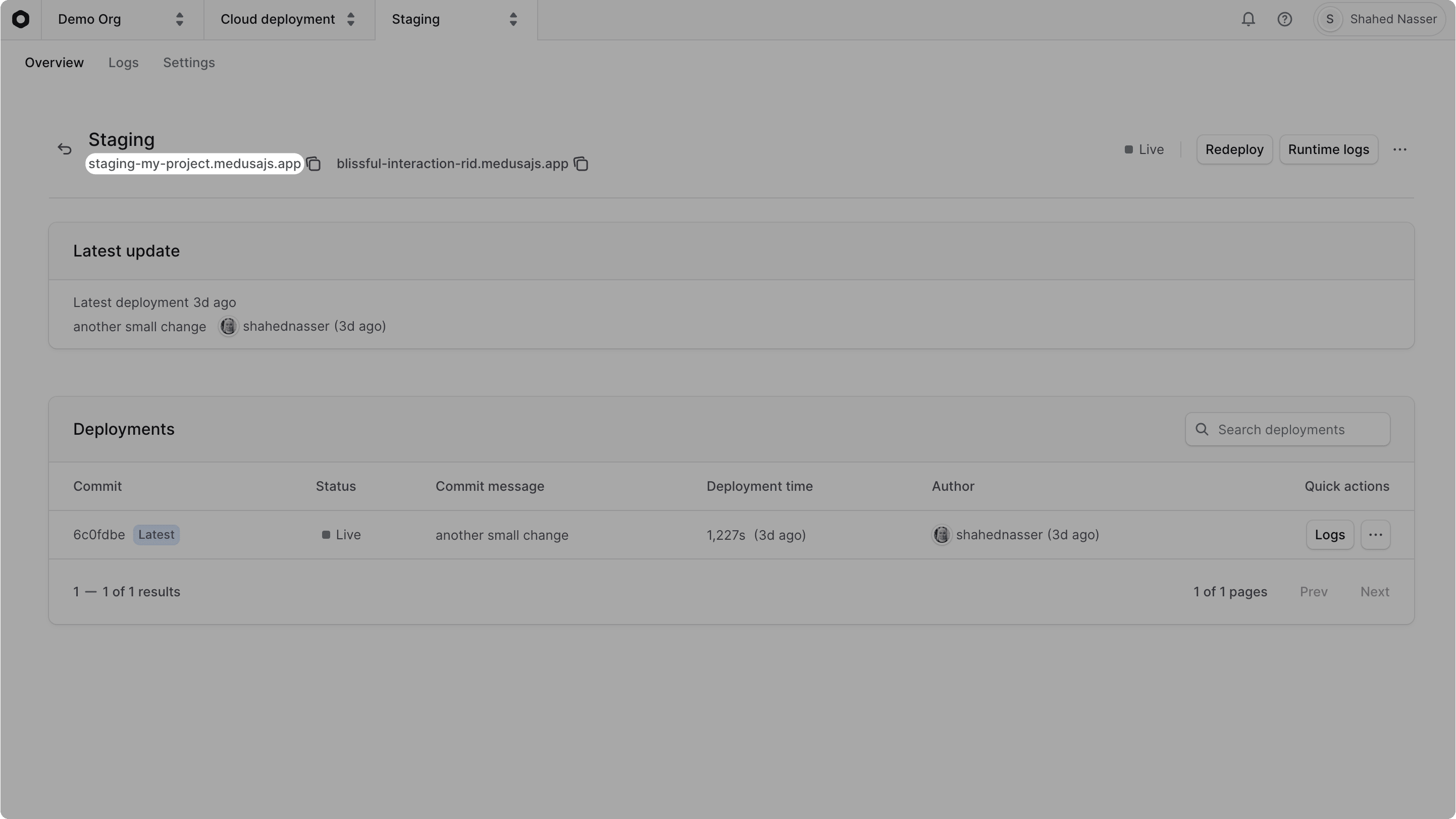 URL of environment in its dashboard under the environment's name