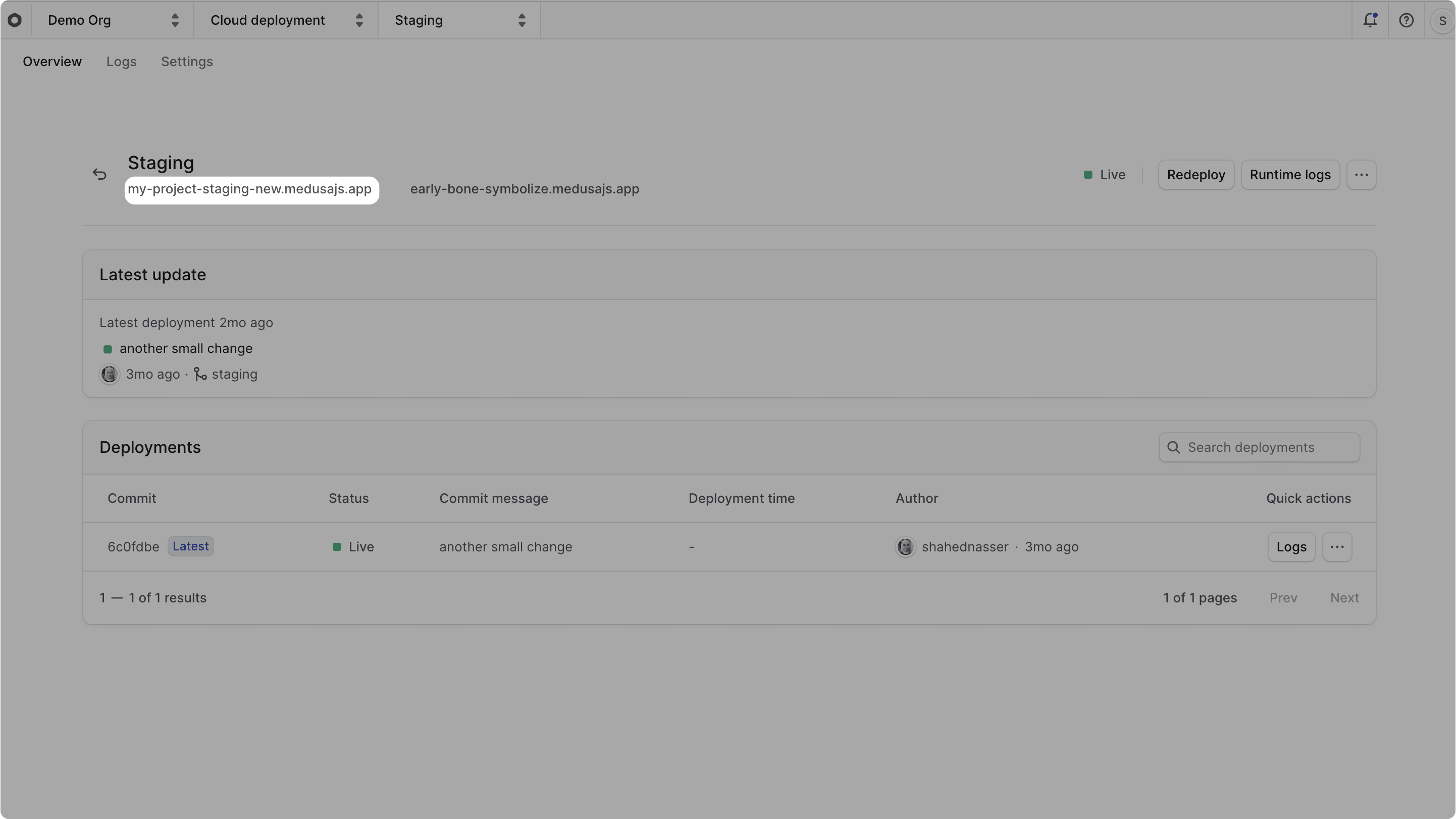 URL of environment in its dashboard under the environment's name