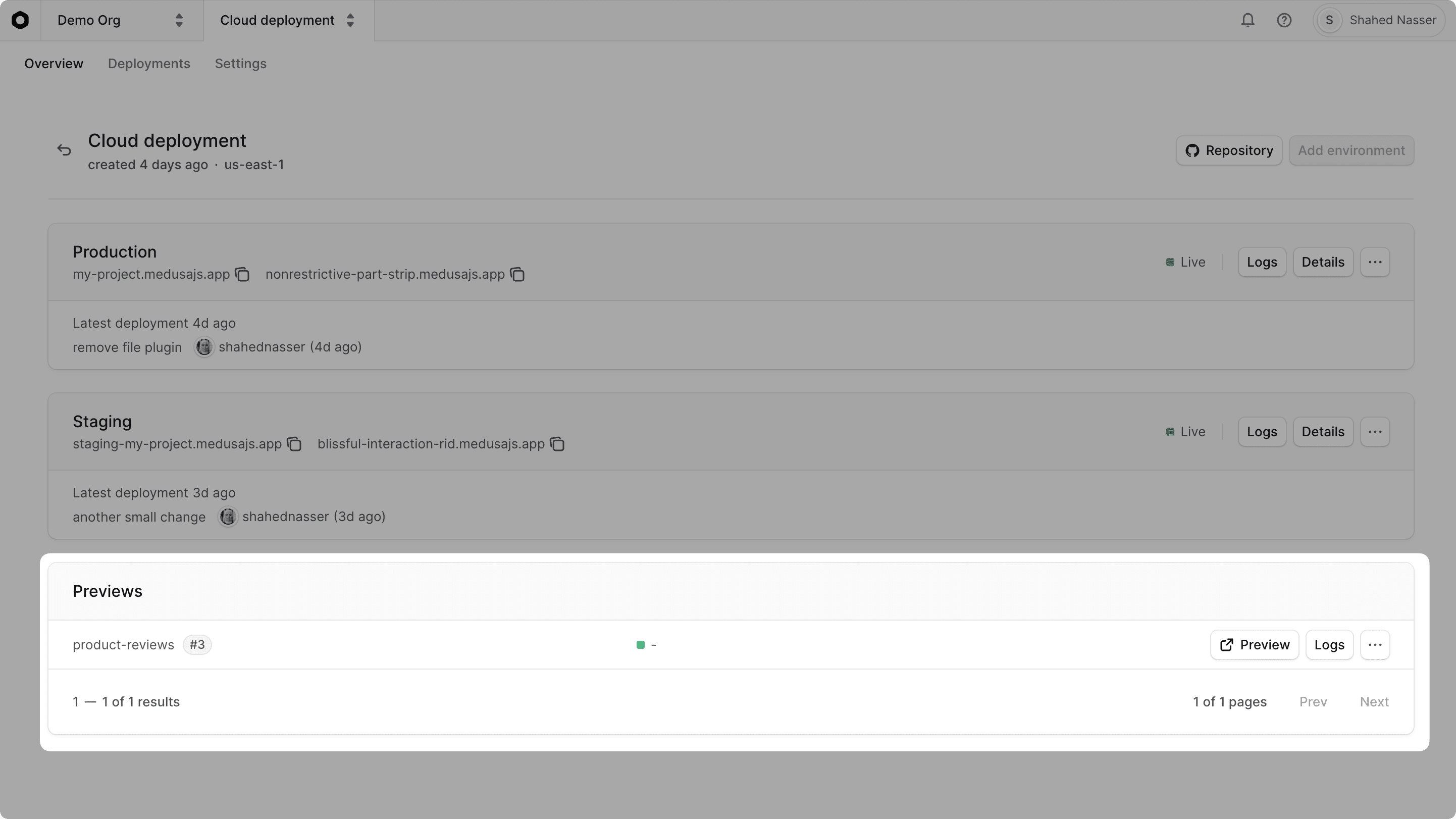 Project dashboard with the Previews card highlighted