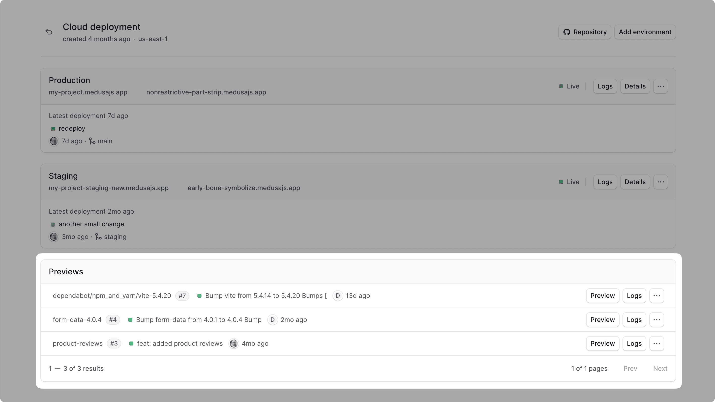 Project dashboard with the Previews card highlighted