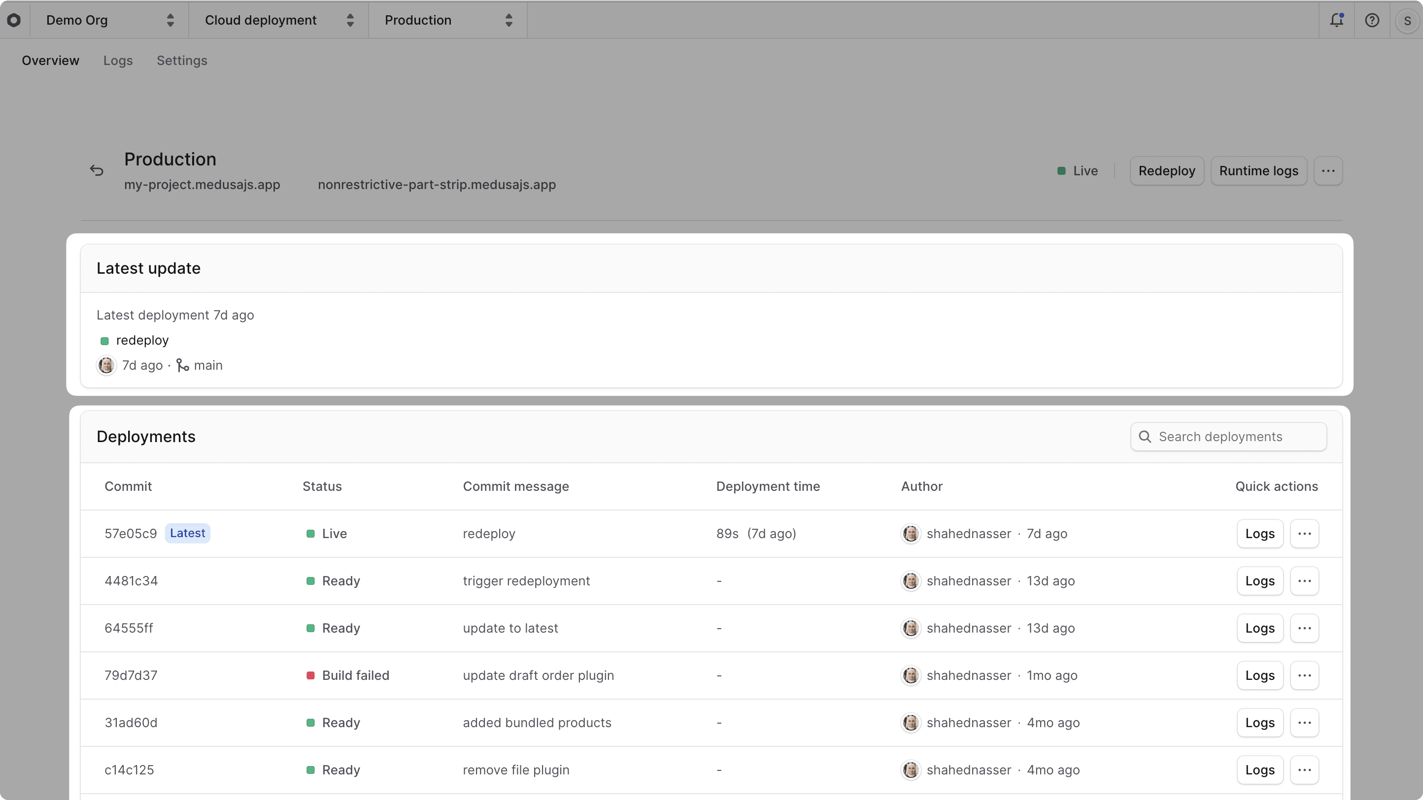 Production environment details page with deployment cards highlighted
