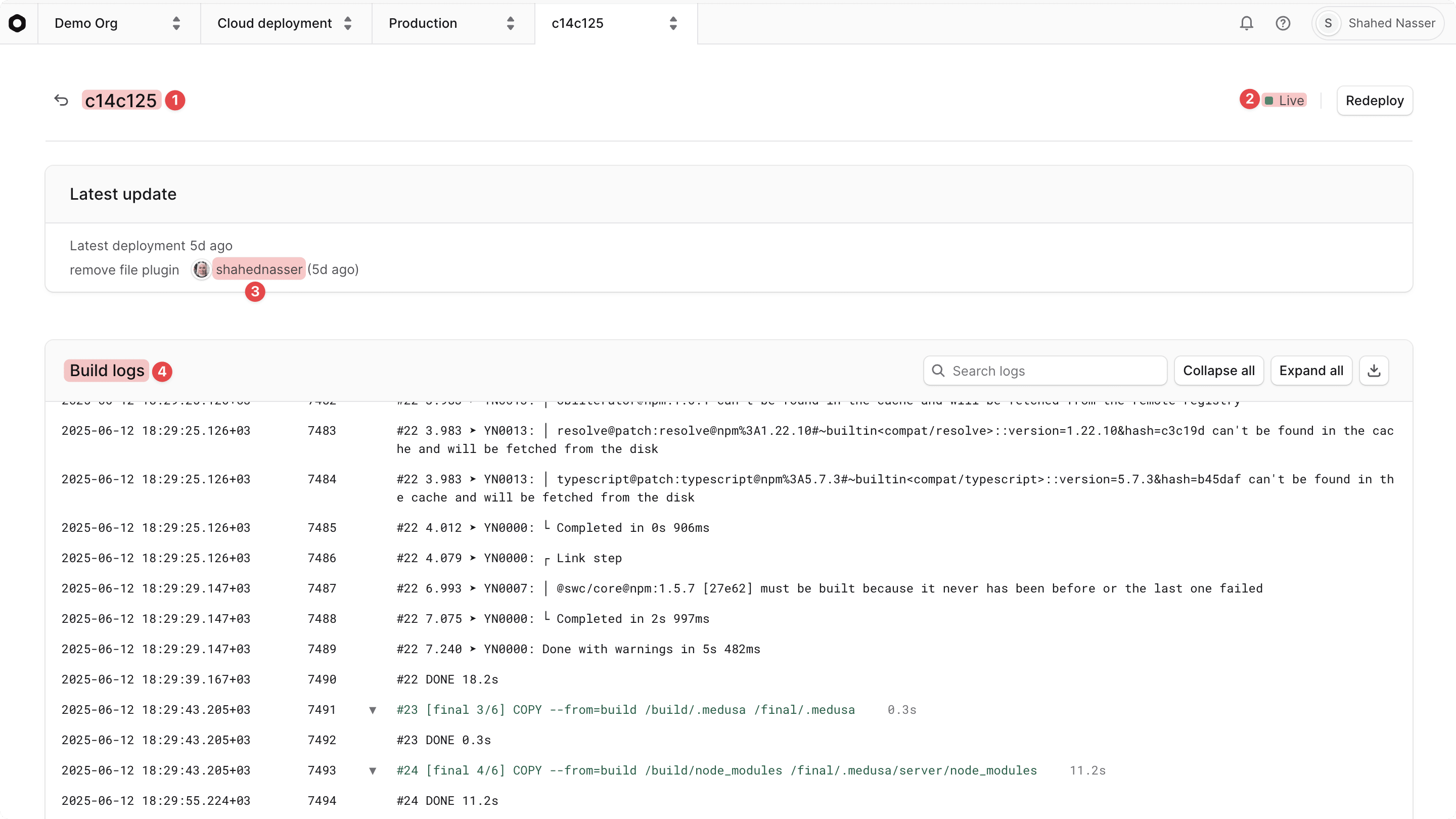 Deployment details page with key sections highlighted