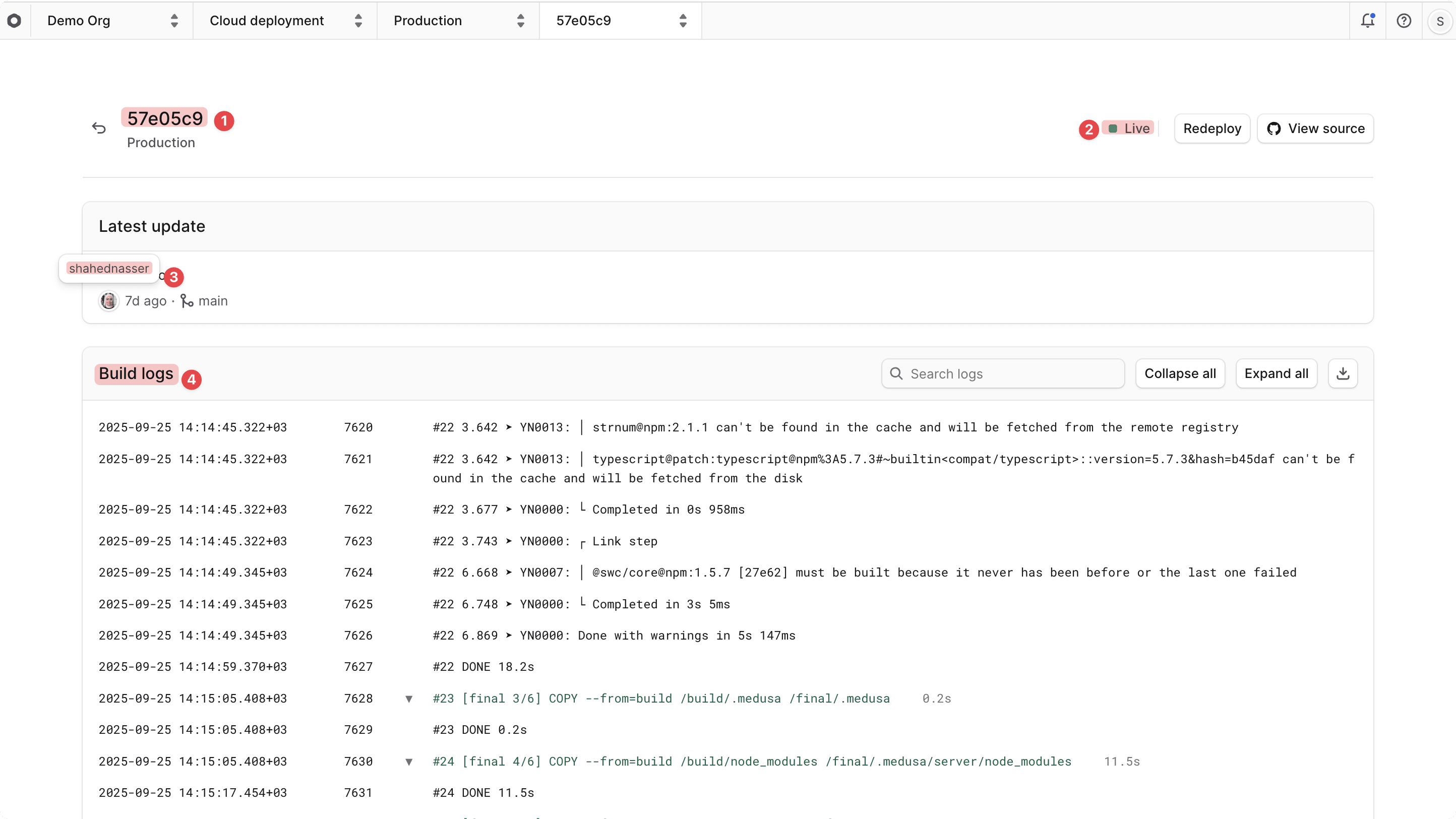 Deployment details page with key sections highlighted