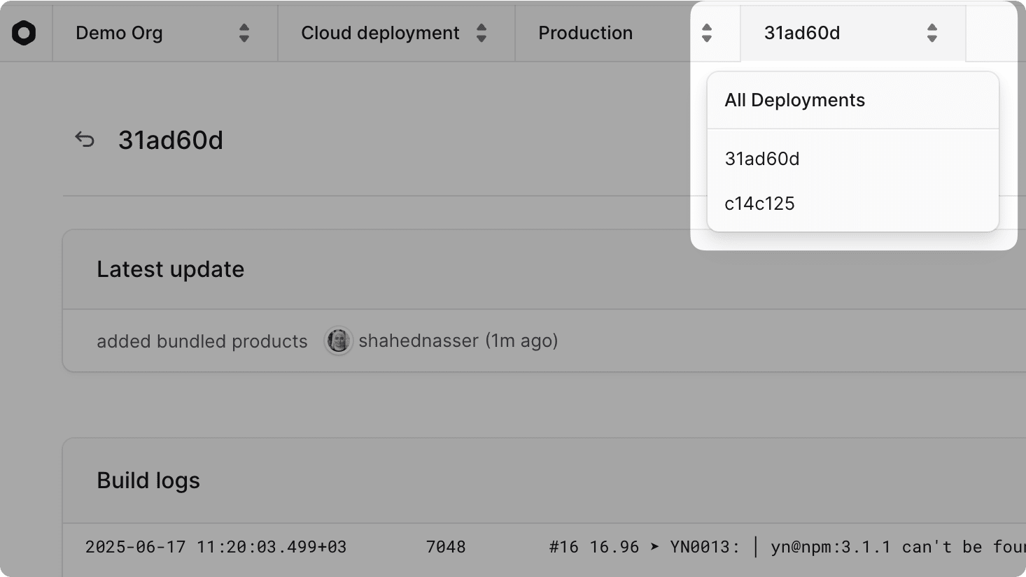 Deployment switcher at the top of the deployment details page