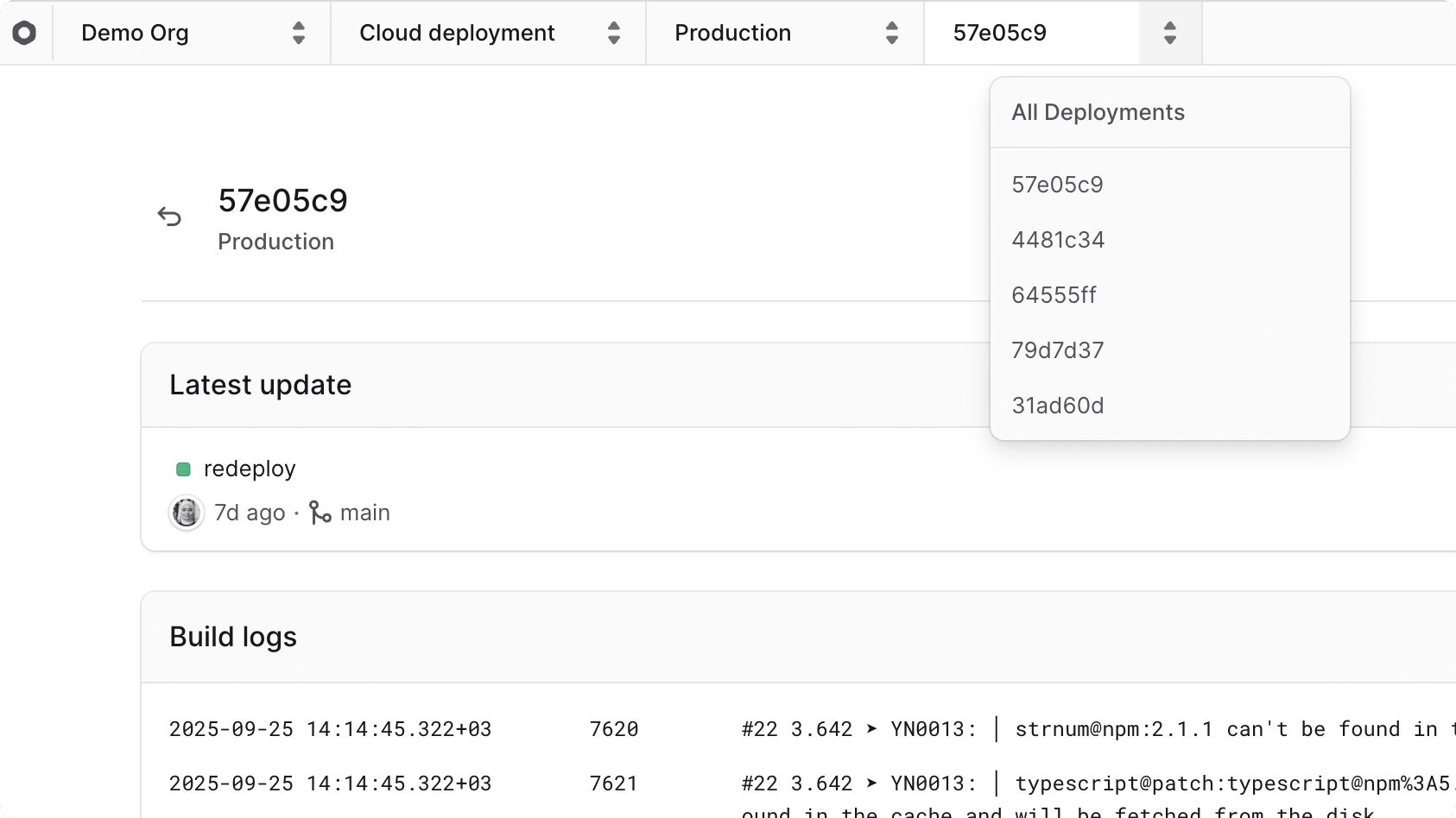 Deployment switcher at the top of the deployment details page