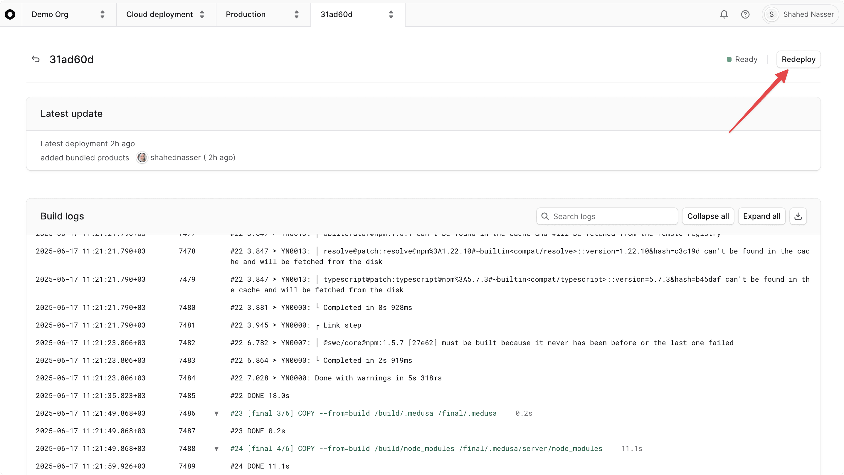 Redeploy button highlighted on the deployment details page