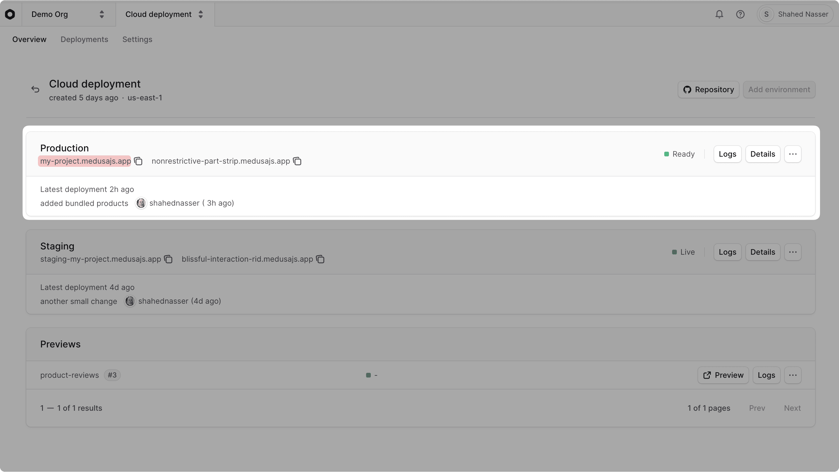 URL of environment in its card under the environment's name