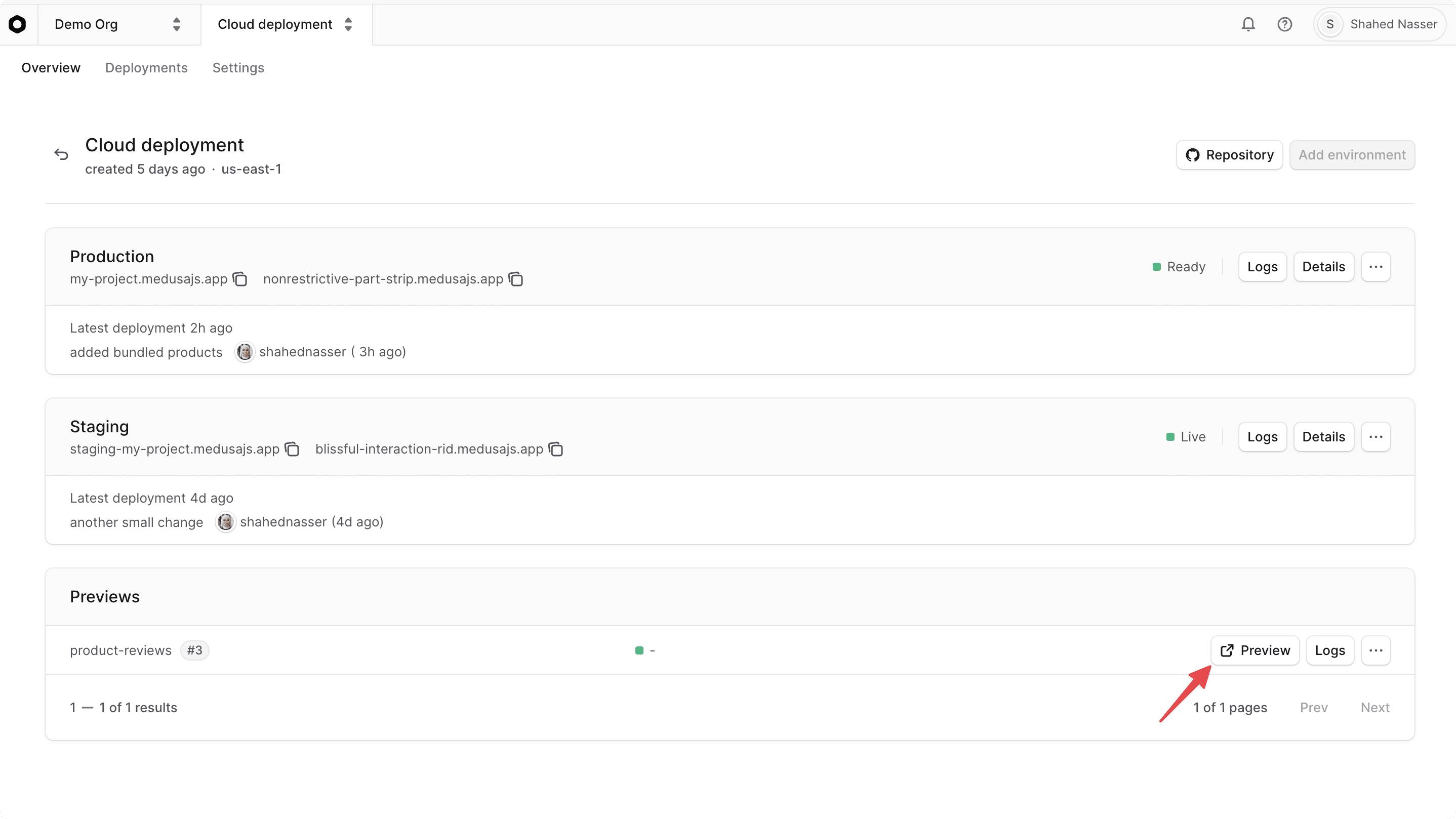 Preview button in the project's dashboard