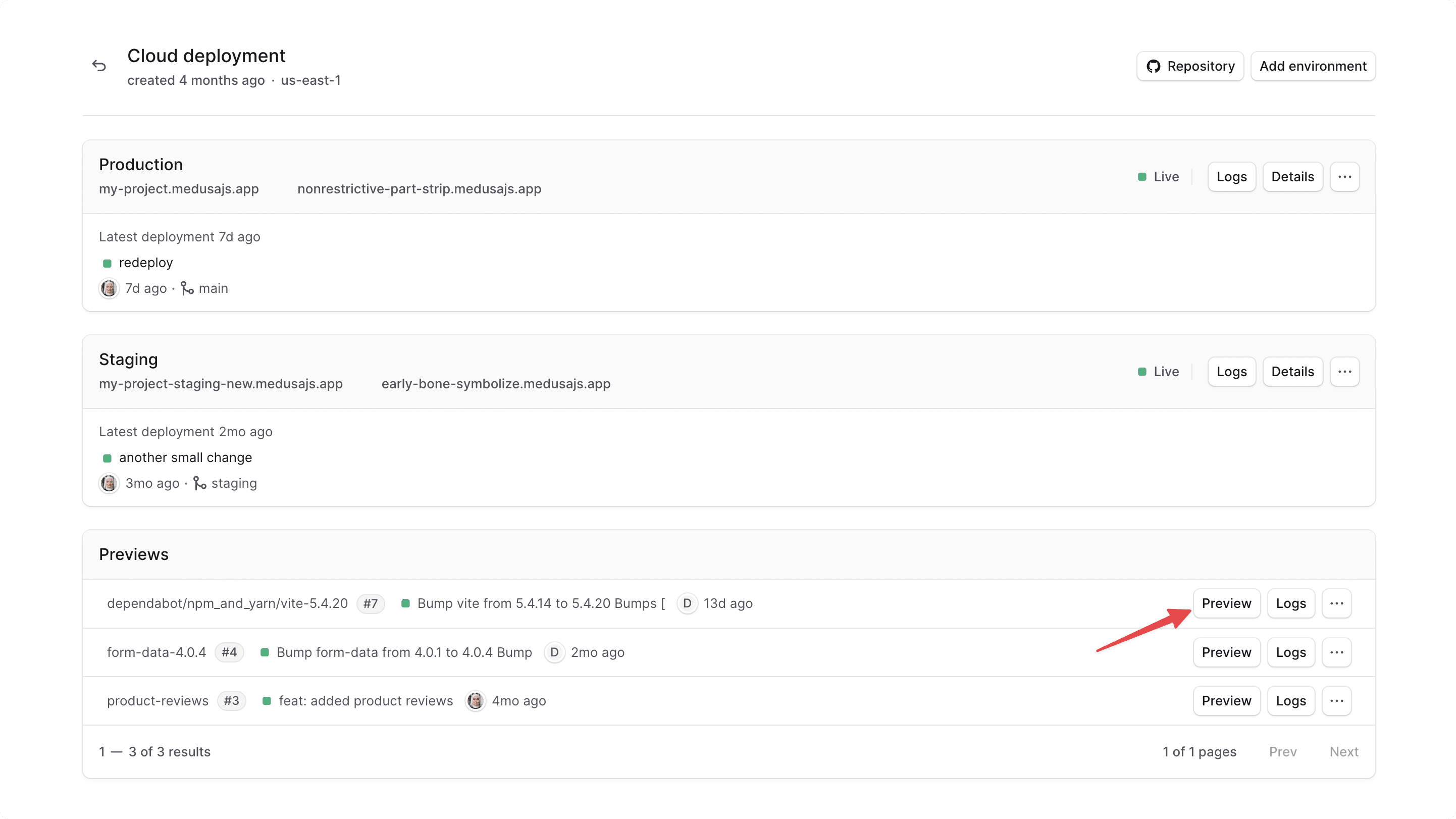 Preview button in the project's dashboard