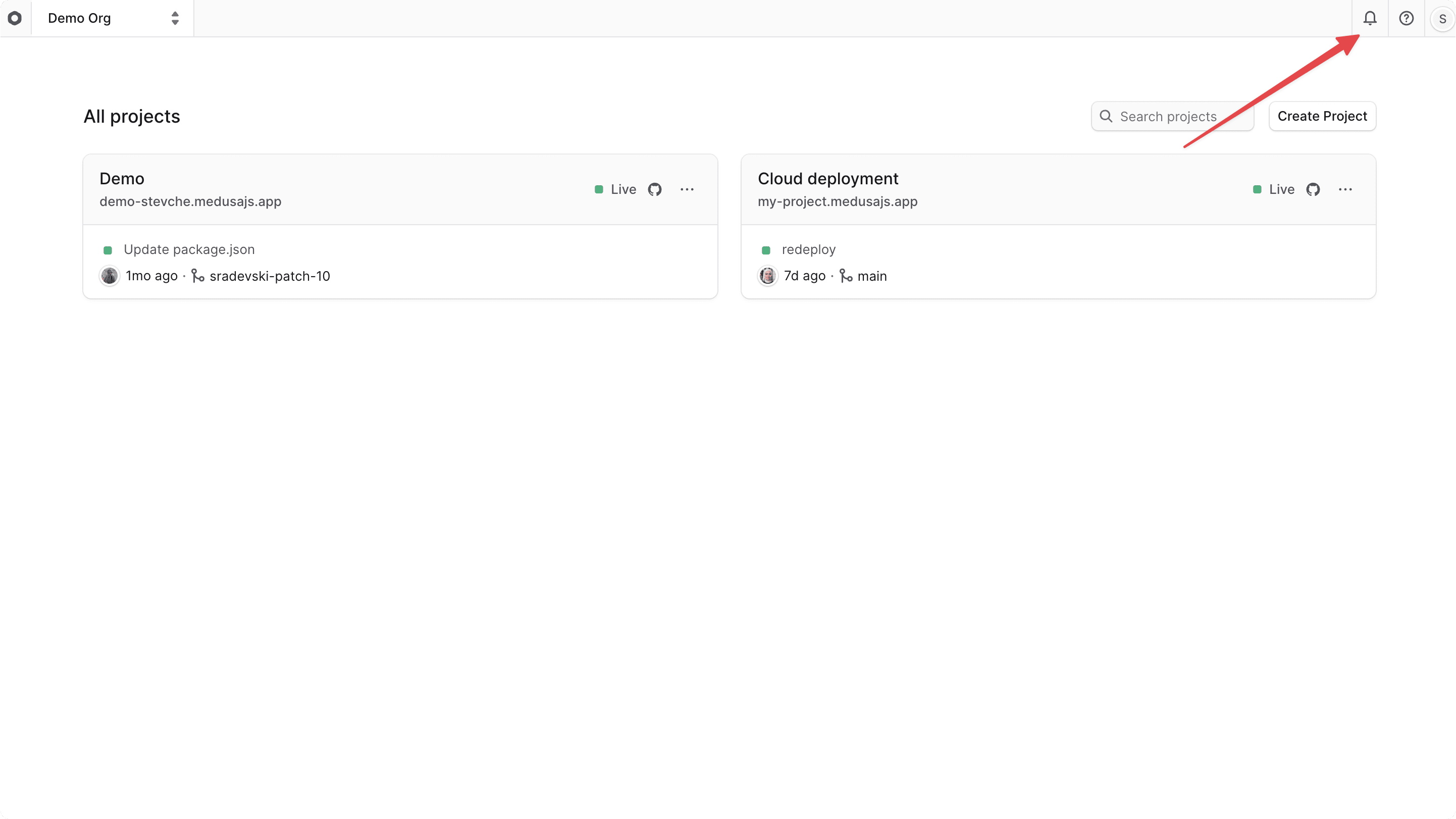Bell icon at the top right of the Cloud dashboard