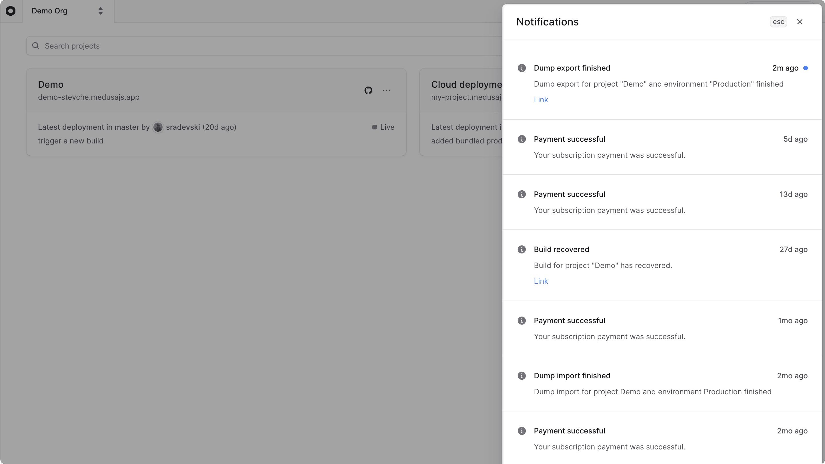 Notifications sidebar showing a list of notifications